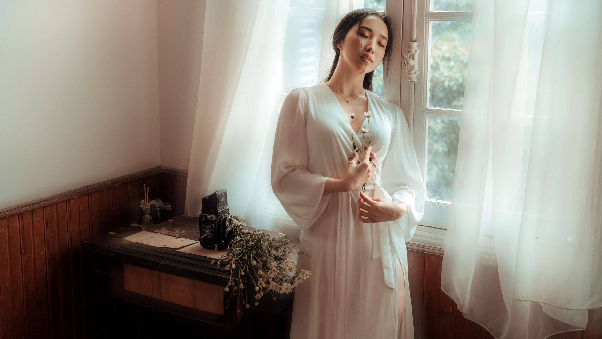 Wallpaper Young Asian girl, room, window, pajamas 2560x1600 HD Picture, Image