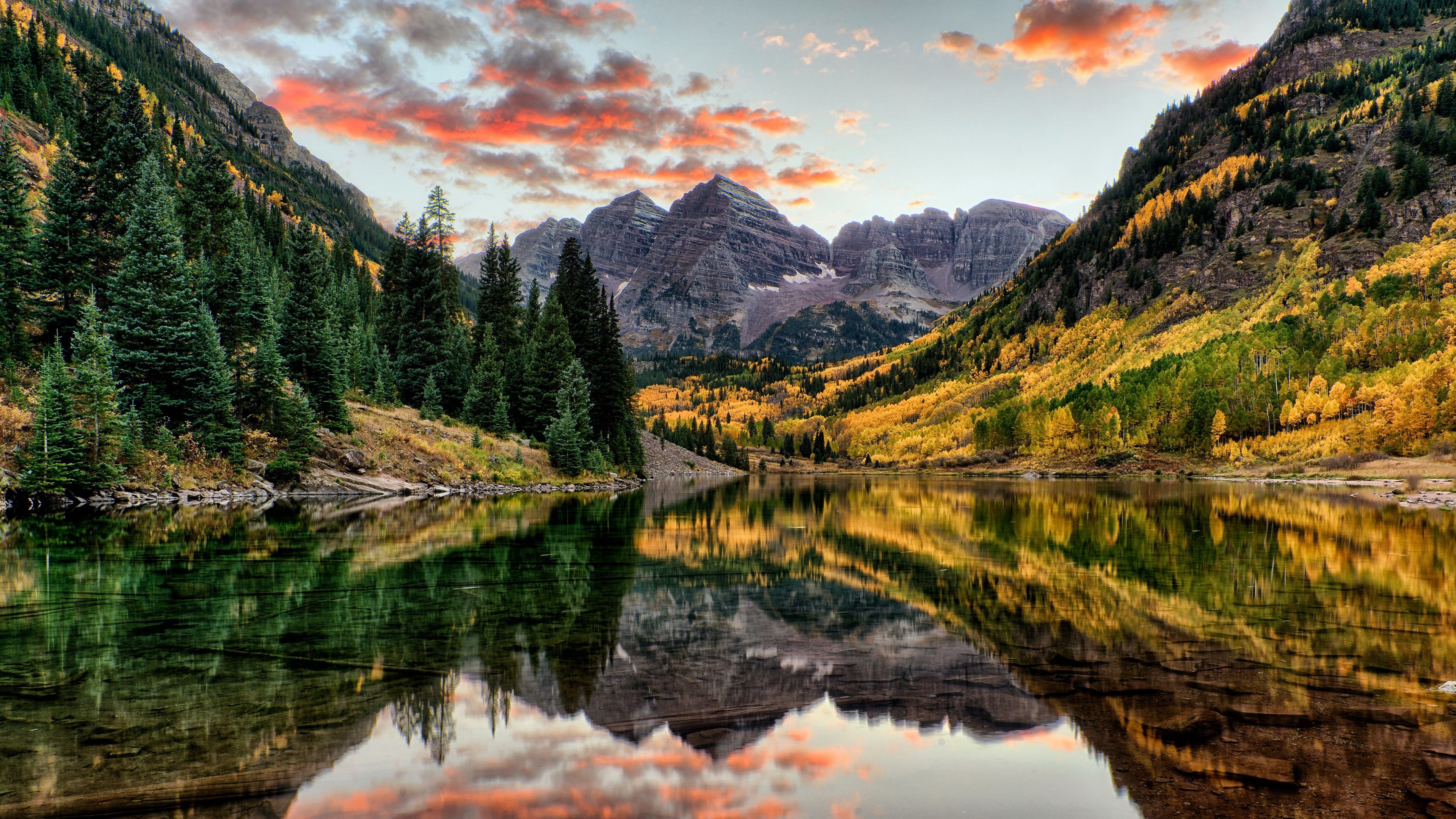 Wallpaper Maroon Bells, mountains, trees, lake, autumn, Colorado, USA 3840x2160 UHD 4K Picture, Image