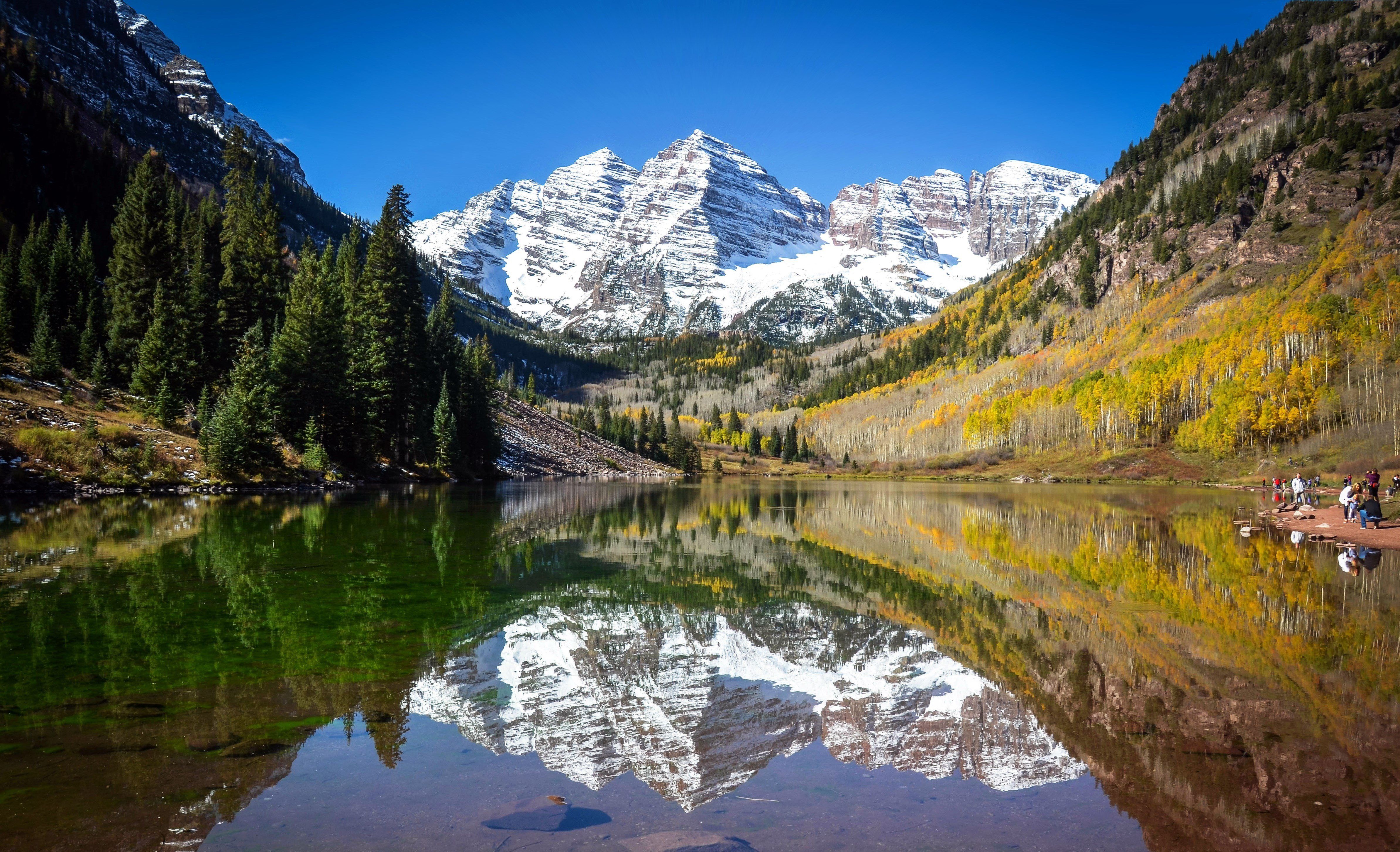 lake, Mountains, Reflection, Forest, Snow, Forest, Maroon, Bells, Colorado, Aspen, Autumn Wallpaper HD / Desktop and Mobile Background
