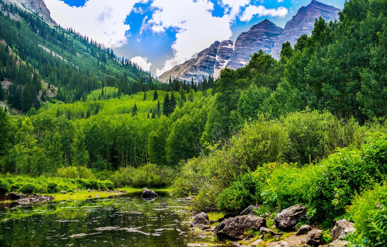 Wallpaper forest, clouds, mountains, lake, stones, USA, the bushes, Colorado, Maroon Bells image for desktop, section пейзажи