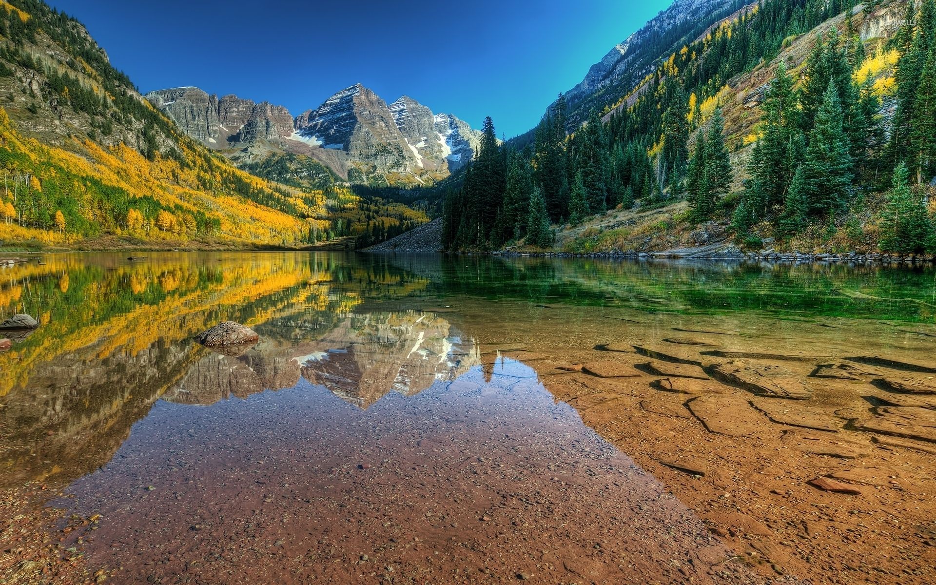Maroon Bells reflected in the clear lake wallpaper wallpaper