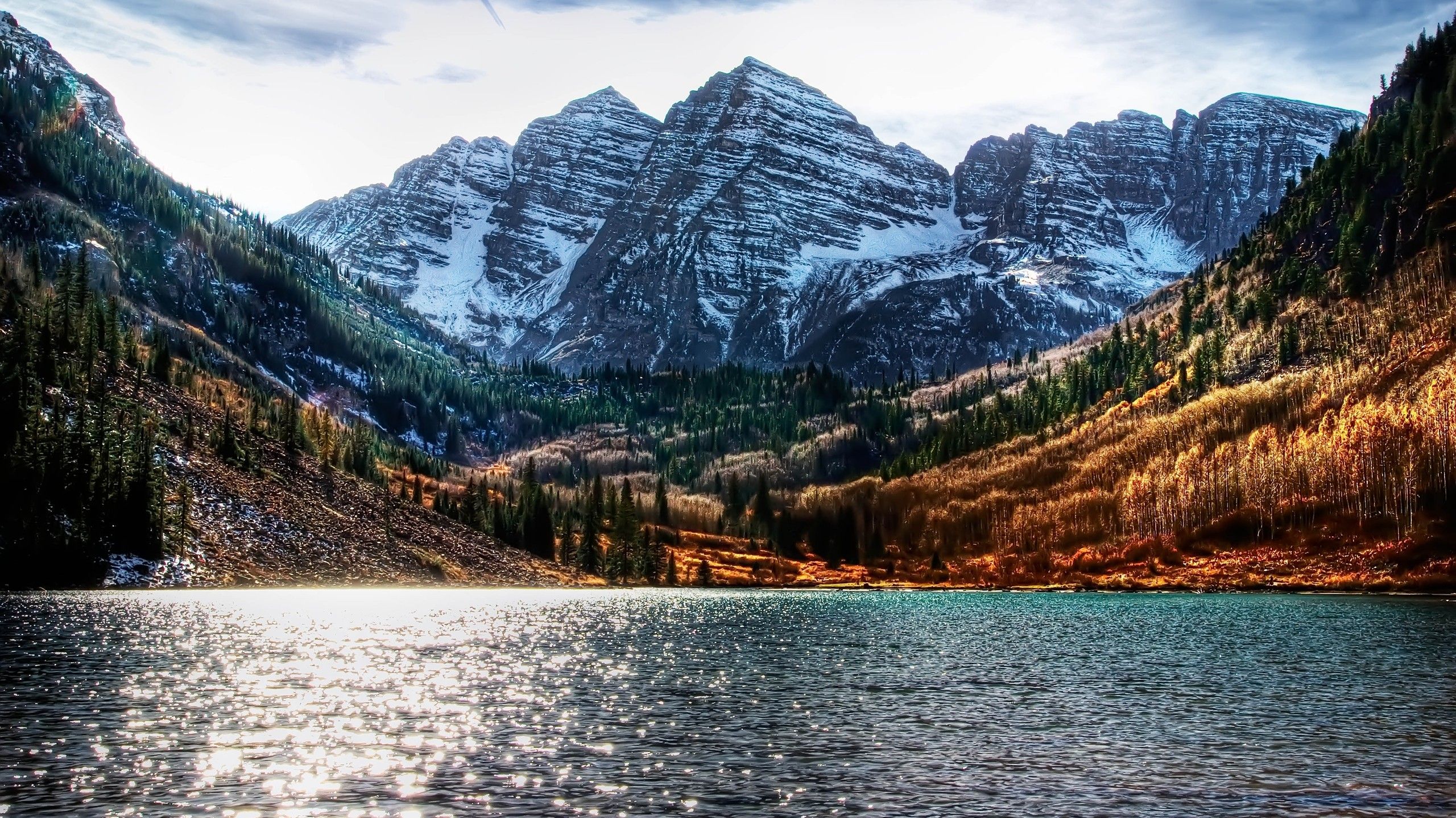 water, mountains, landscapes, nature, snow, trees, forests, Colorado, lakes, HDR photography, brightness, Maroon Bells wallpaper
