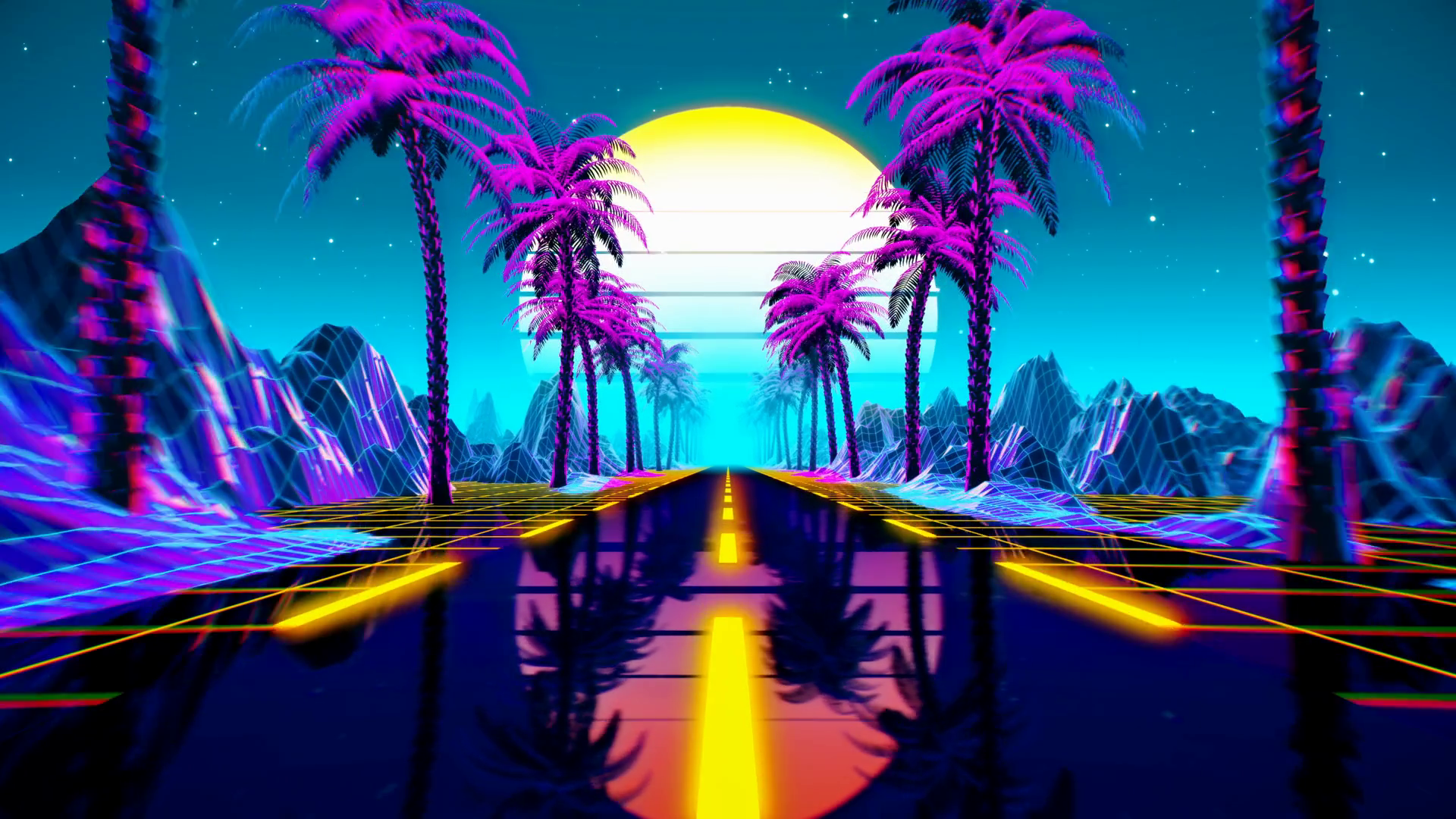 80s Retro Futuristic Sci Fi Seamless Loop. Retrowave VJ Videogame Landscape, Neon Lights And Low Poly Terrain Grid. Stylized Vintage Vaporwave 3D Animation Background With Mountains, Sun And Stars. 4K Motion Background