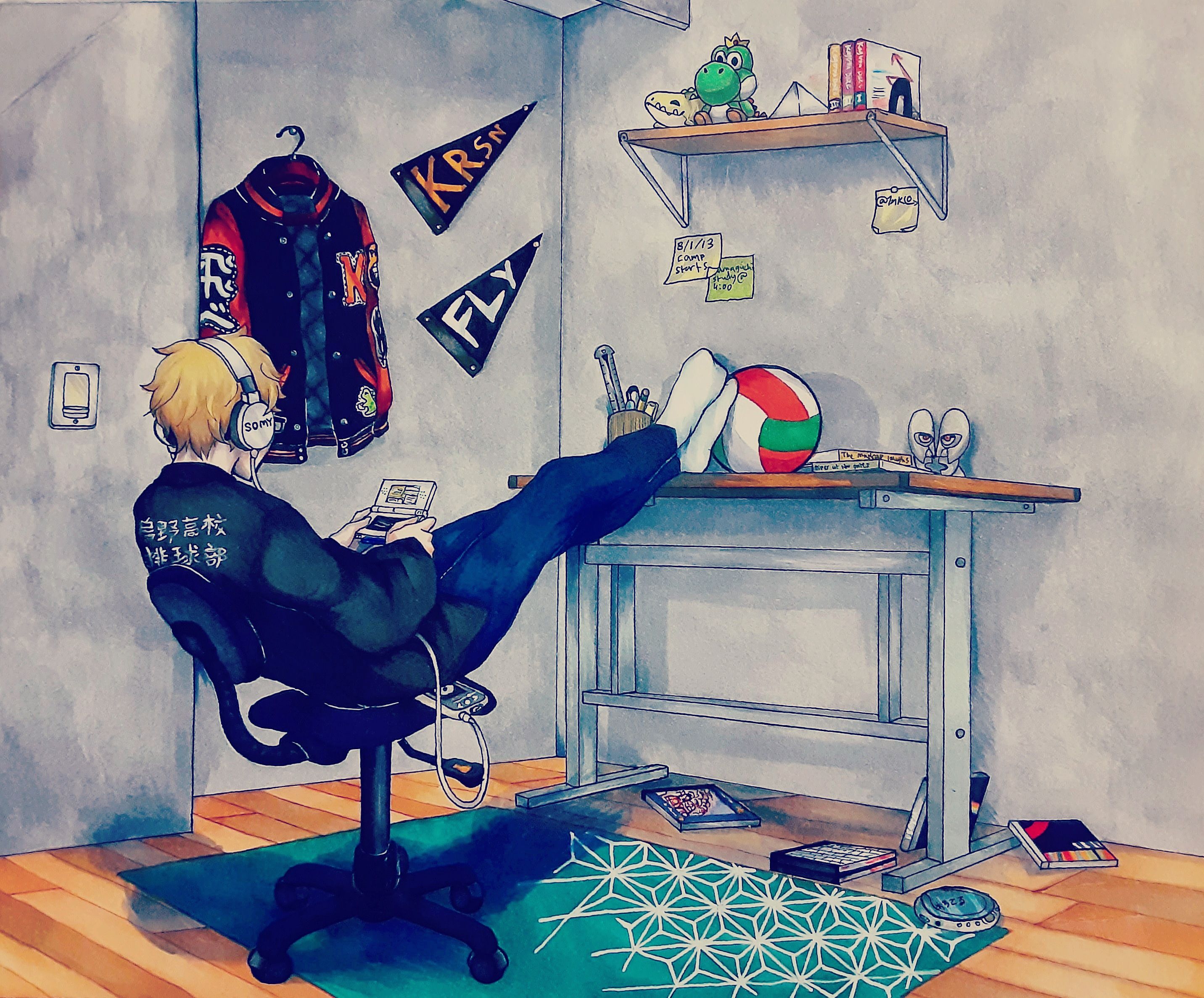 Tsukki playing DS listening to music (reupload, copic and watercolor)