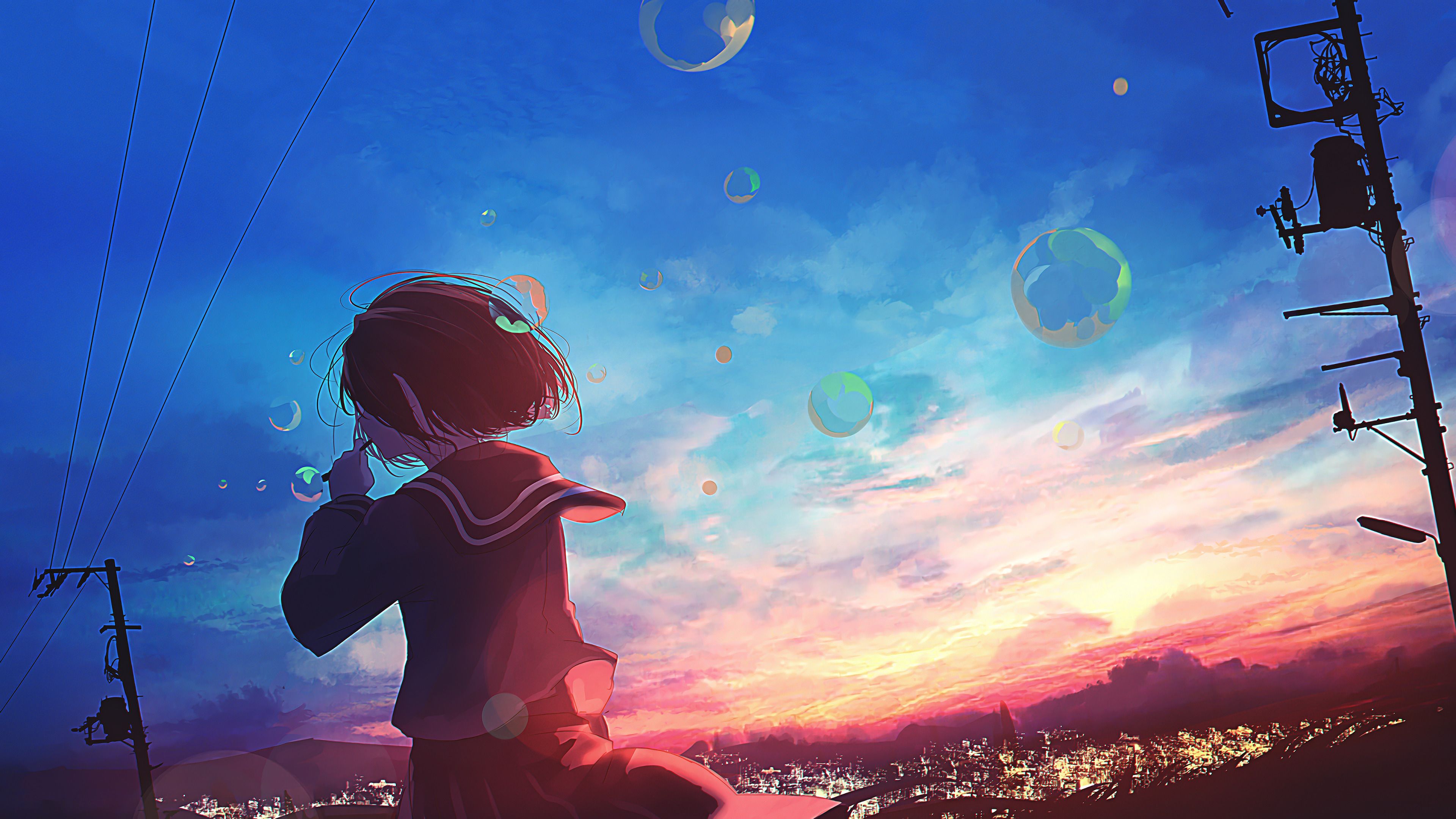 Anime, Scenery, Girl, Sunset, Bubbles, 4K wallpaper HD Wallpaper
