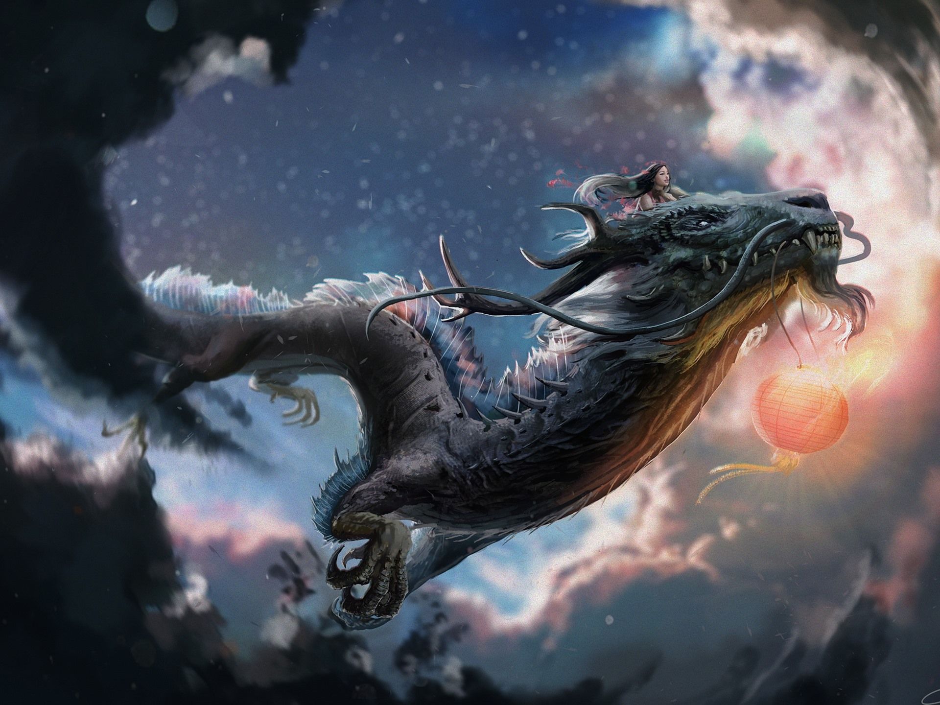 Wallpaper Chinese dragon, girl, art picture 1920x1440 HD Picture, Image