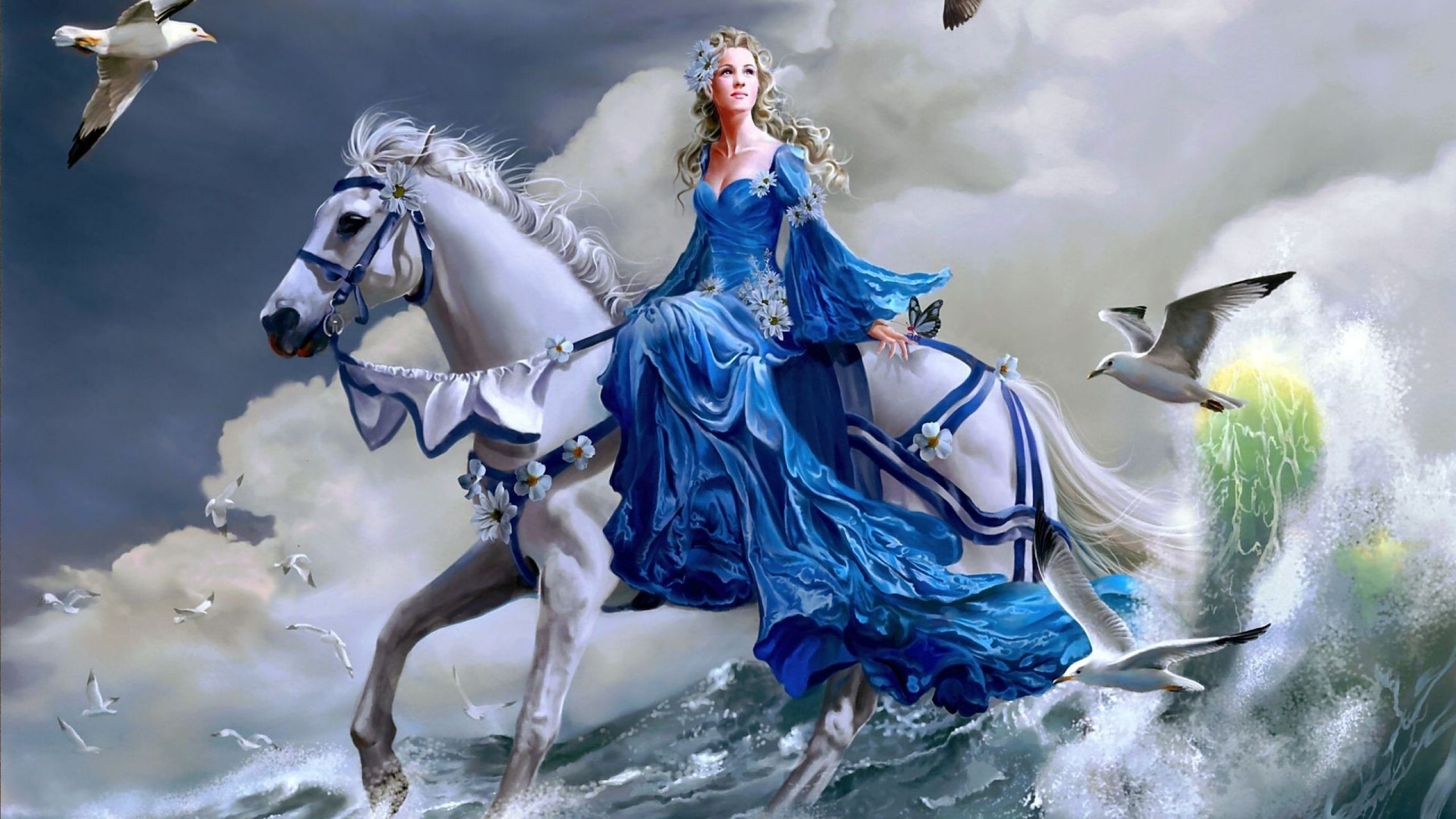 Girl Riding A Horse On Water 2560x1440 Fantasy Wallpaper 28685, Wallpaper13.com