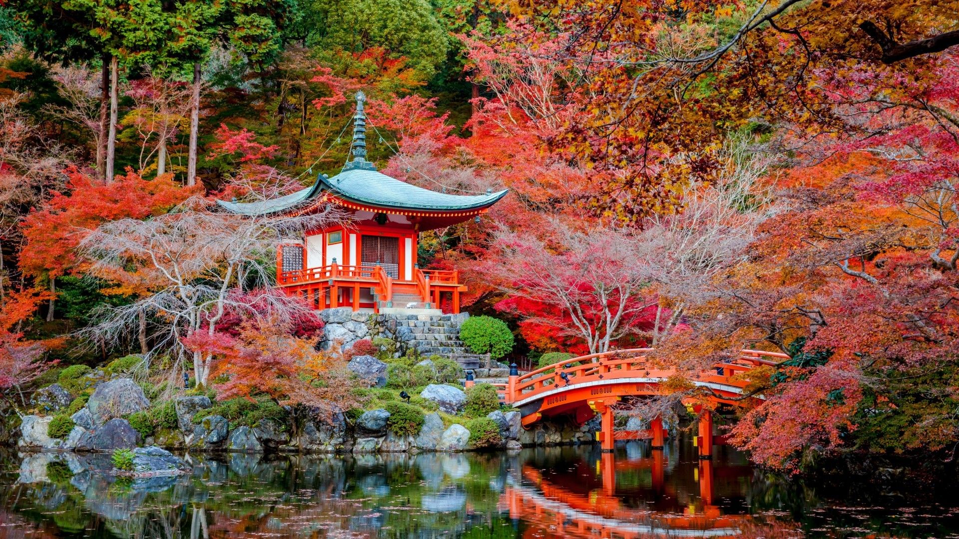 Japanese, Shrine, Bridge, Autumn, Fall, Stream, Stairs