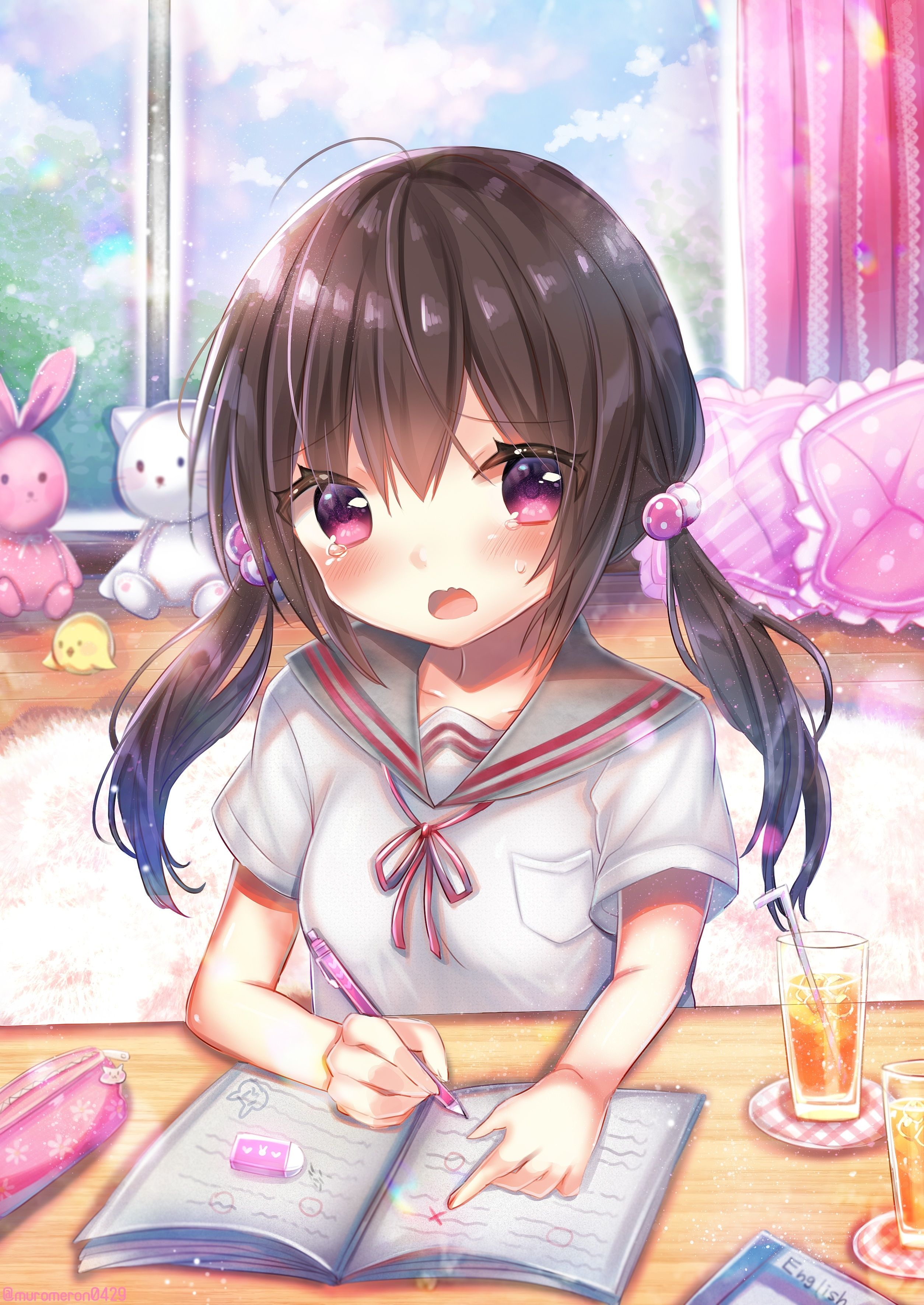 Download 2508x3541 Loli, Anime Girl, Brown Hair, Twintails, Studying, Cute, Teary Eyes Wallpaper