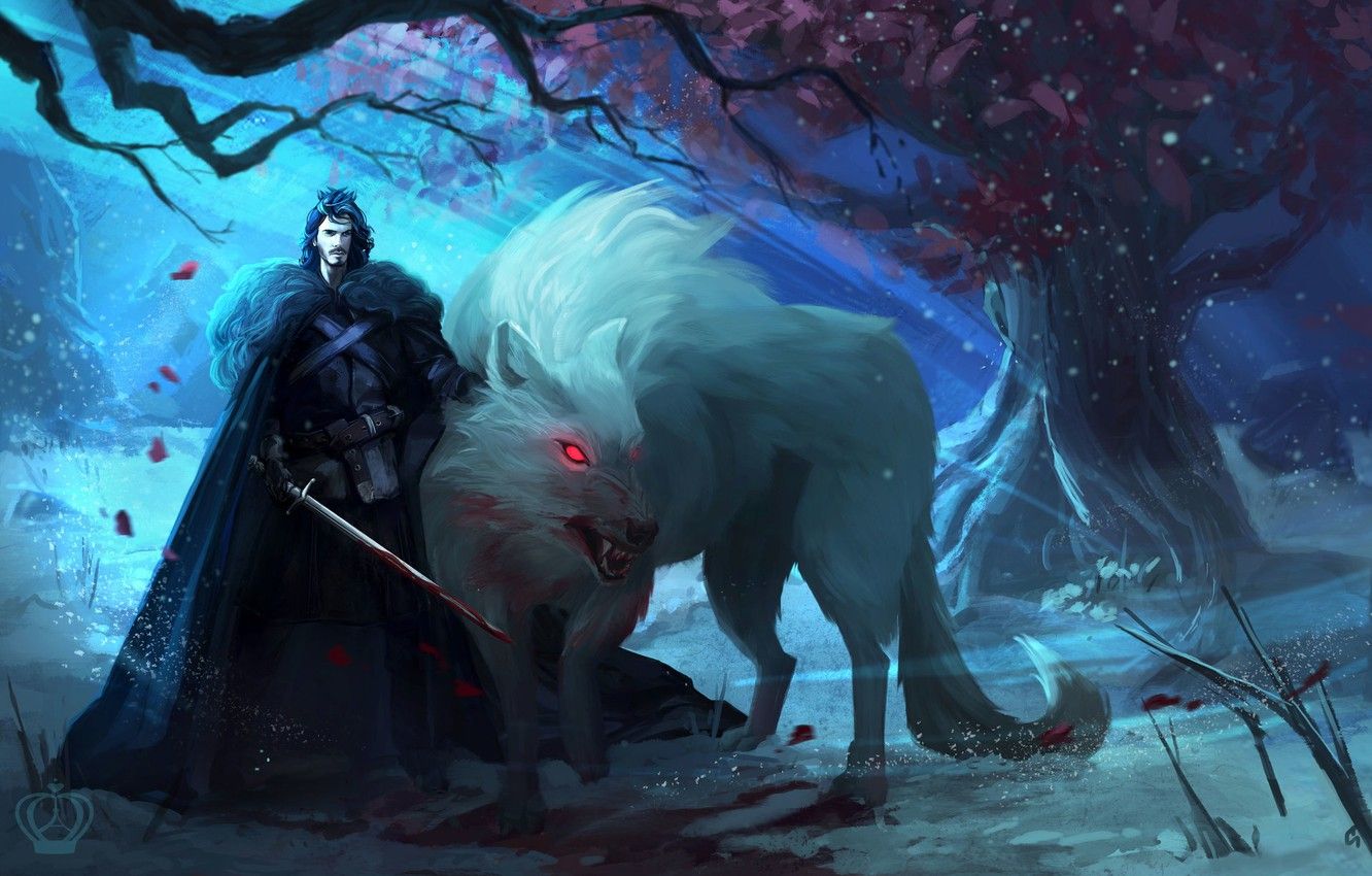 Wallpaper tree, wolf, art, male, Ghost, Ghost, Game Of Thrones, Game of Thrones, Jon Snow, Jon Snow, Lone Wolf, AlexandraVo image for desktop, section фантастика