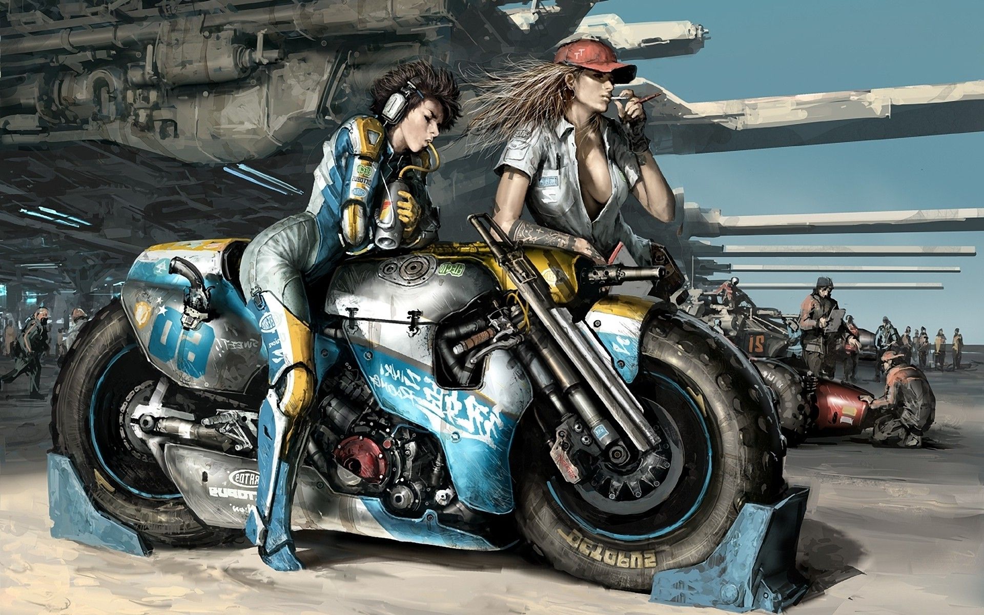 Boobs women cleavage science fiction artwork motorbikes wallpaperx1200