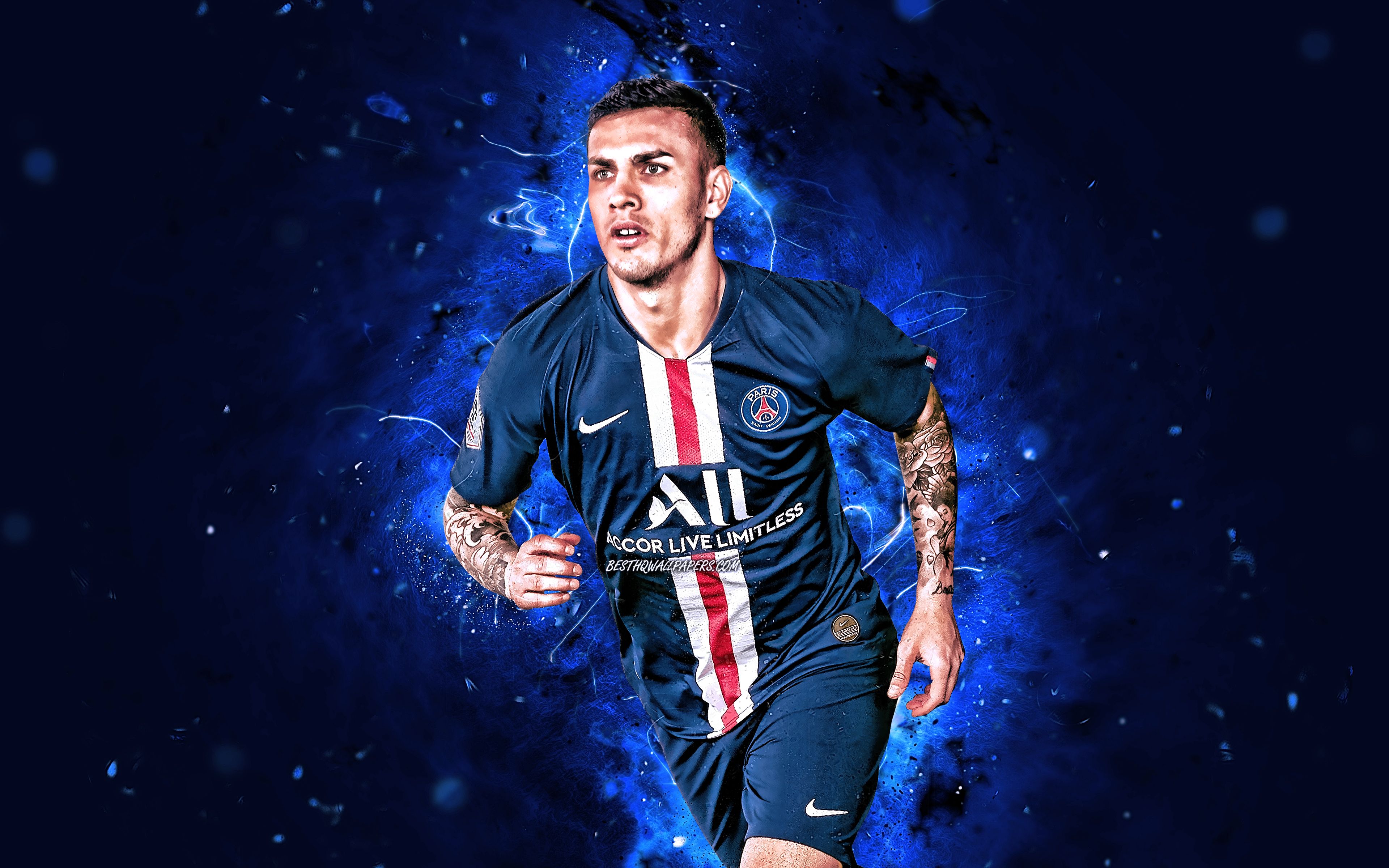 Download Wallpaper Leandro Paredes, 4k, Season 2019 Argentine Footballers, Midfielder, PSG, Neon Lights, Leandro Daniel Paredes, Soccer, Ligue Football, Paris Saint Germain For Desktop With Resolution 3840x2400. High Quality HD Picture