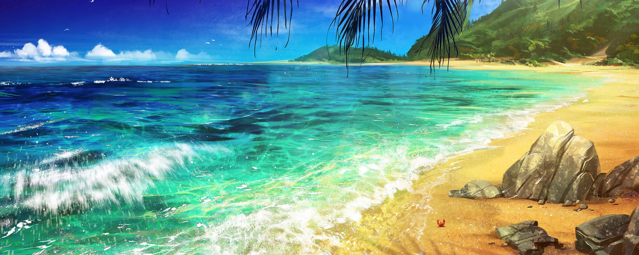 Download wallpaper 2560x1024 beach, palm, ocean, art, surf ultrawide monitor HD background