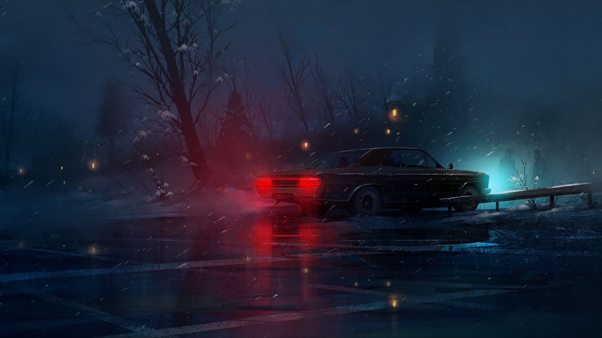 Download wallpaper 1920x1080 car, night, snow, light full hd, hdtv, fhd, 1080p HD background