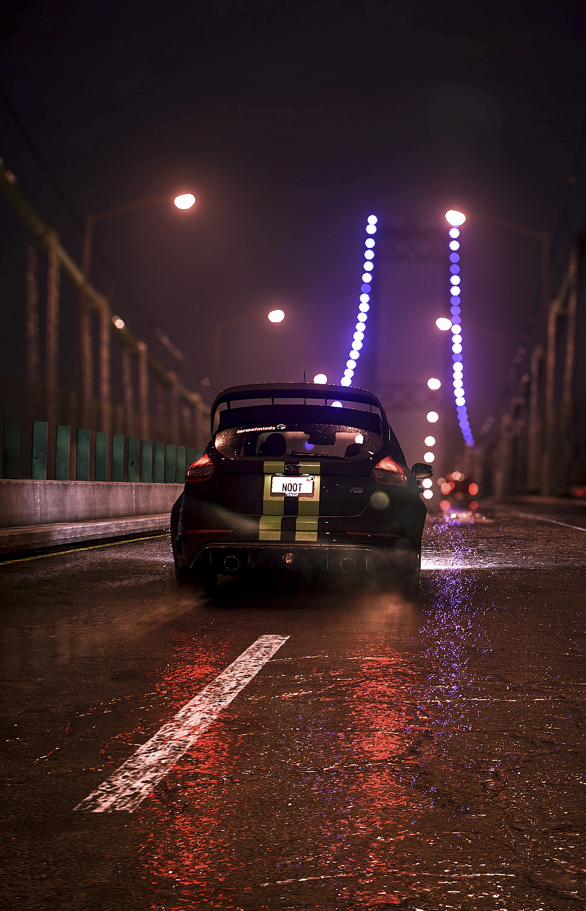 Download wallpaper 1930x3000 car, bridge, night, art, rain HD background