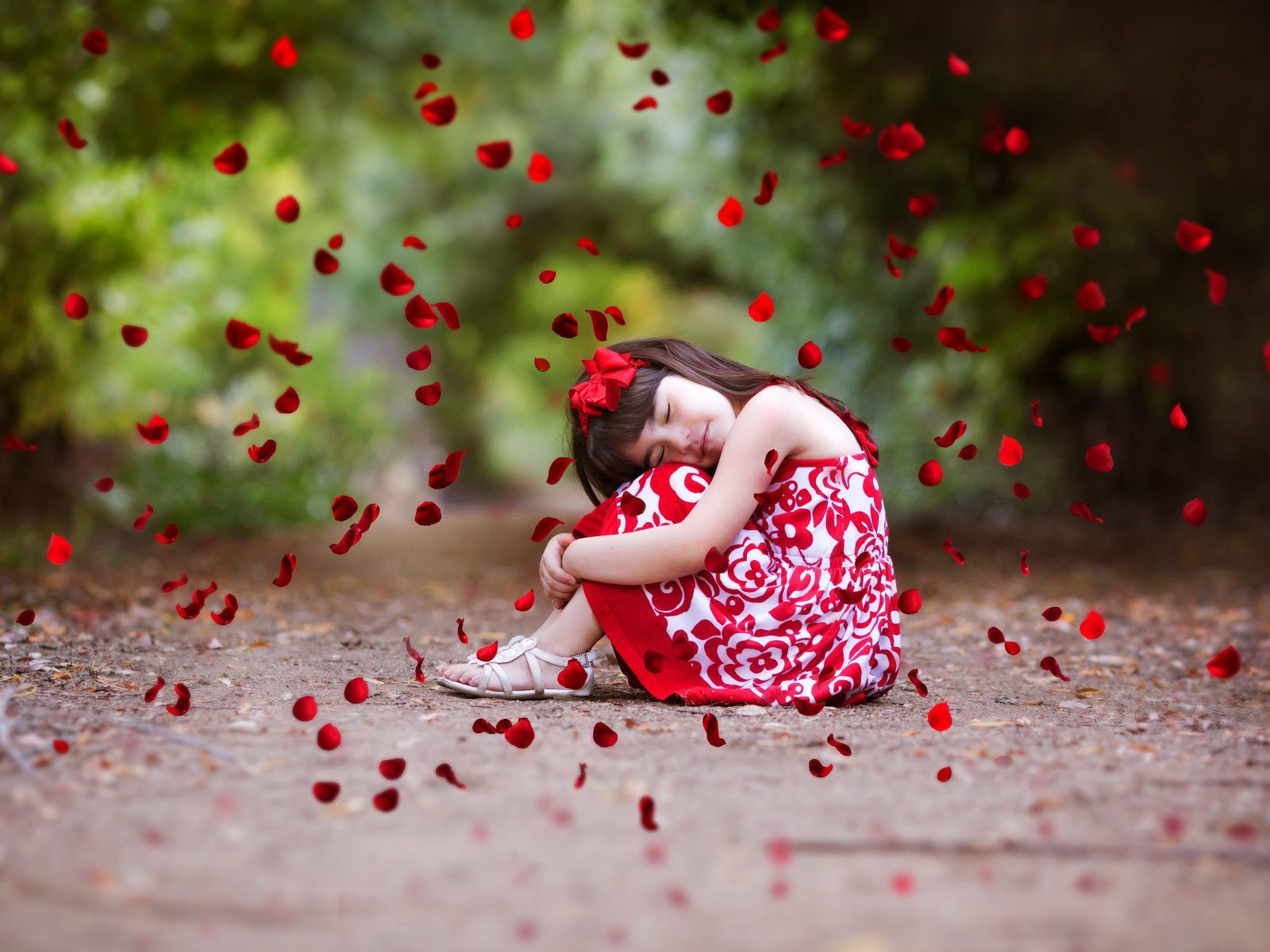 Cute Girl Red Petals Rose 4K Wallpaper
