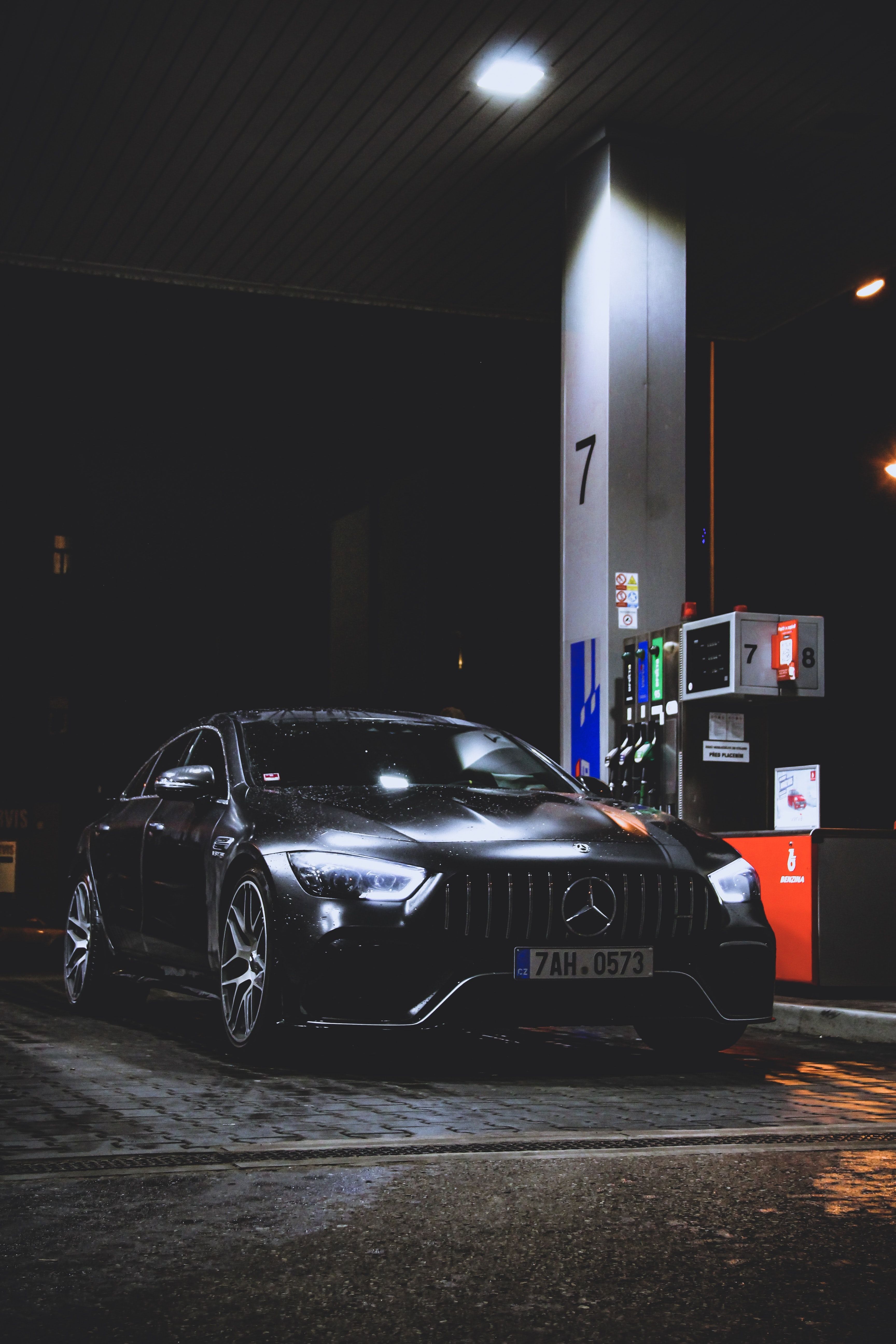 Black Mercedes Benz Car At Gas Station At Night Cars. Mercedes Benz Wallpaper, Mercedes Benz Cars, Benz Car