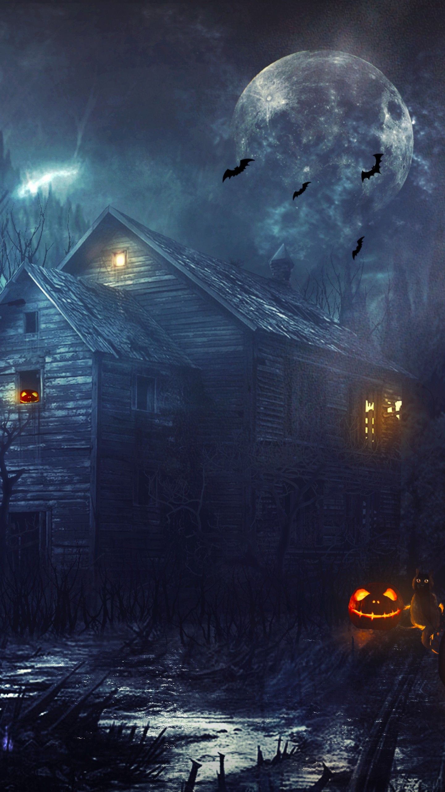 Wallpaper Halloween house, Bats, Pumpkins, Moon, Creepy, Celebrations / Halloween,. Wallpaper for iPhone, Android, Mobile and Desktop