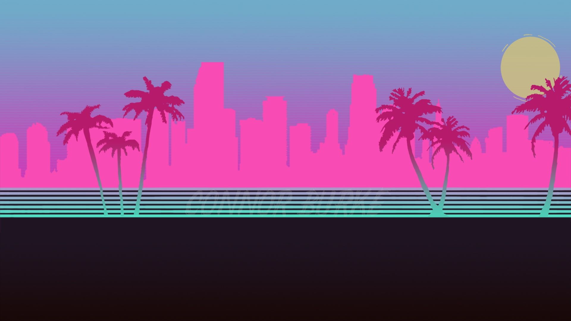 The city #Neon Palm trees #Silhouette #Background Hotline Miami #Synthpop #Darkwave #Synth #Retrowave #Synthw. Vaporwave wallpaper, Miami wallpaper, Hotline miami