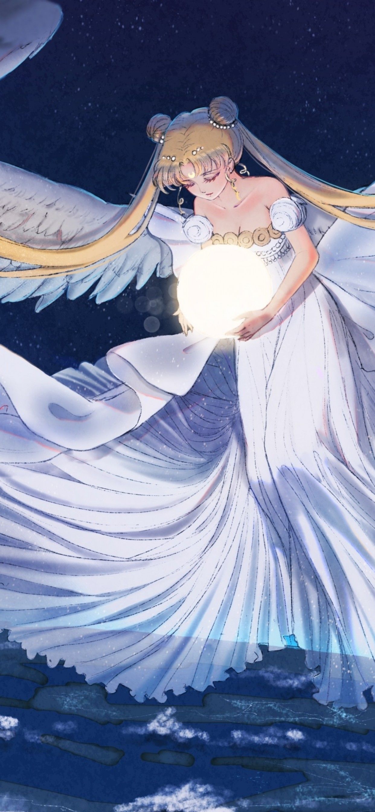 Download 1242x2688 Tsukino Usagi, Sailor Moon, Wings, Blonde, Sky, Stars, Earth, Light, White Dress Wallpaper for iPhone XS Max