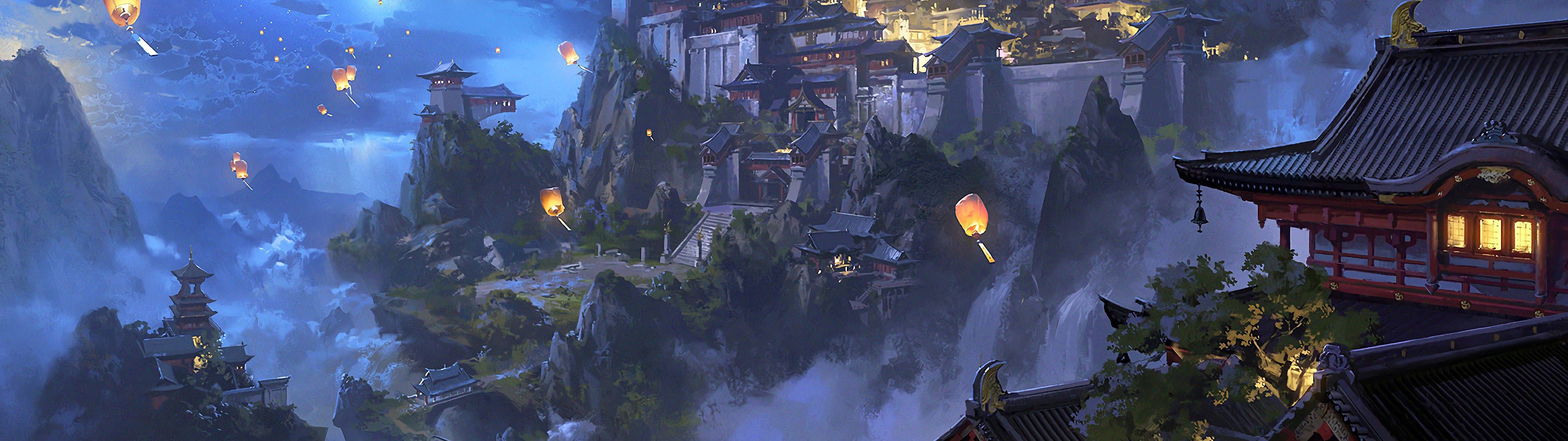 Anime Sky Lantern Mountain Japanese Castle Night Scenery 4K Wallpaper