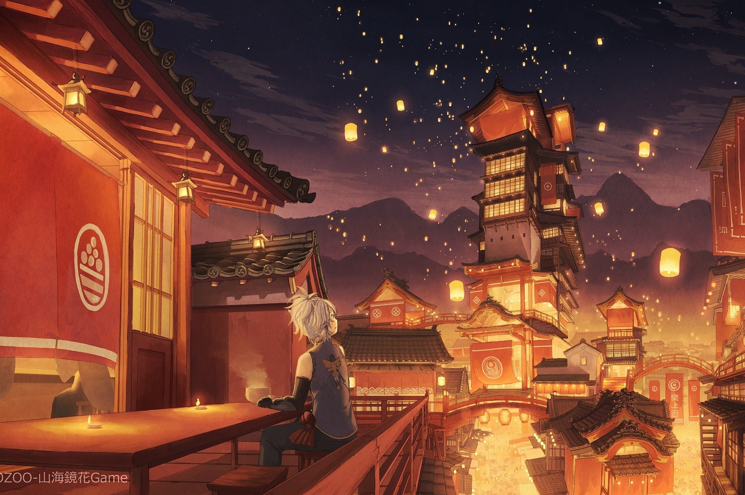 anime japanese lantern festival scenery, Anime background, Scenery