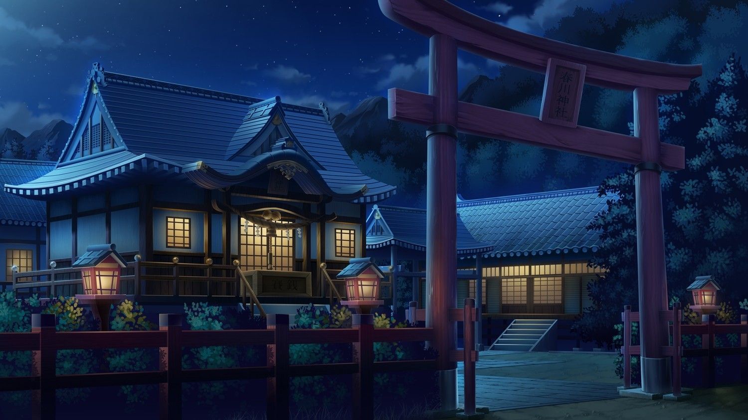Anime 1500x844 anime torii artwork house lantern fence lights night Asian architecture. Asian architecture, Cartoon wallpaper hd, Architecture