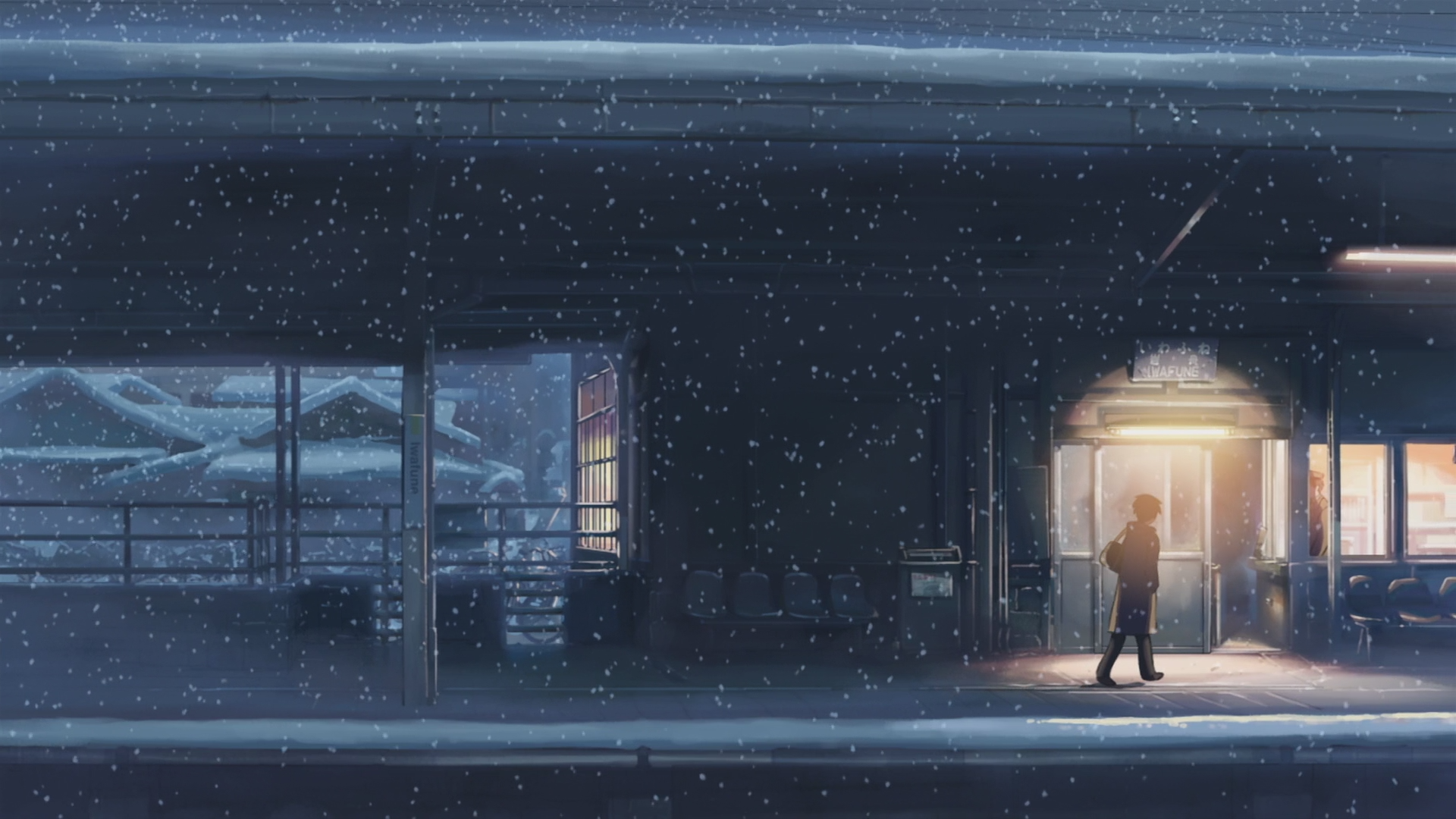#snow, Centimeters Per Second, #train station, #Makoto Shinkai, #anime, #night wallpaper. Mocah.org HD Desktop Wallpaper