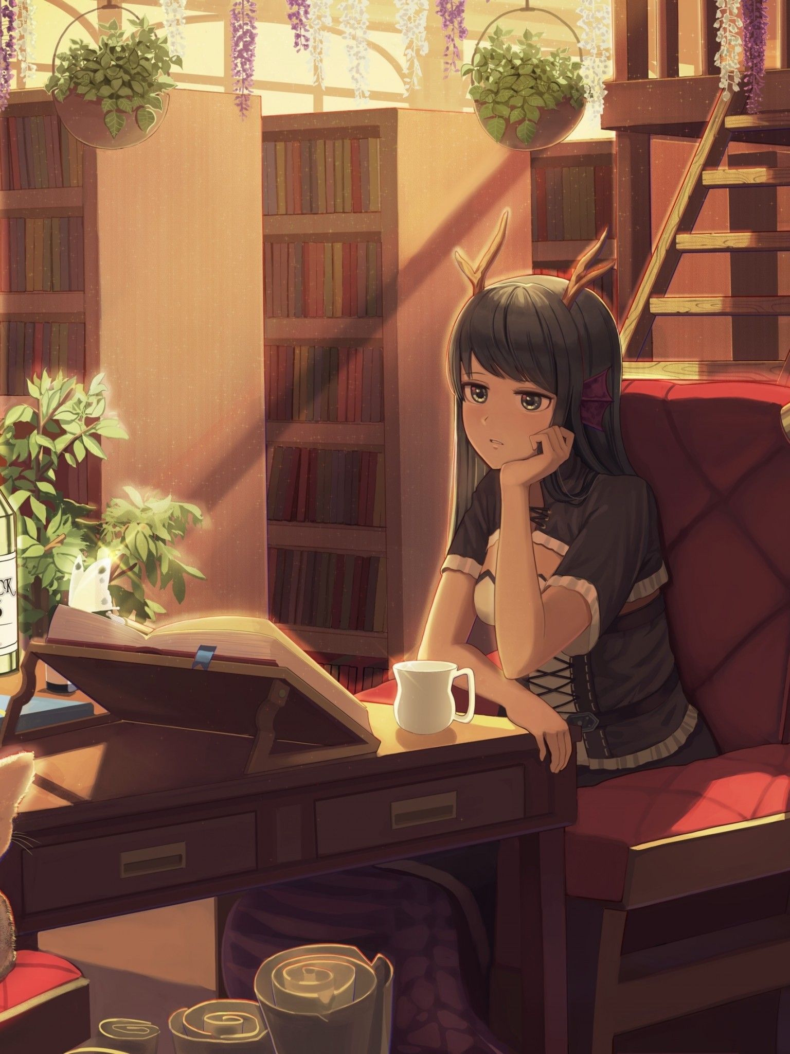 Anime Girl, Horns, Neko, Room, Books, Library, Studying
