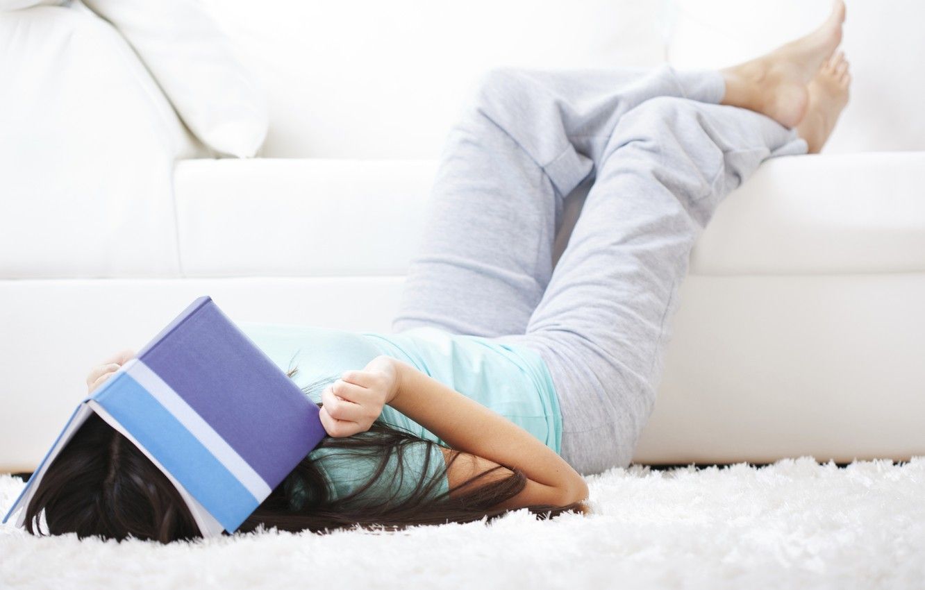 Wallpaper sofa, carpet, girl, book, the study, tired image for desktop, section настроения