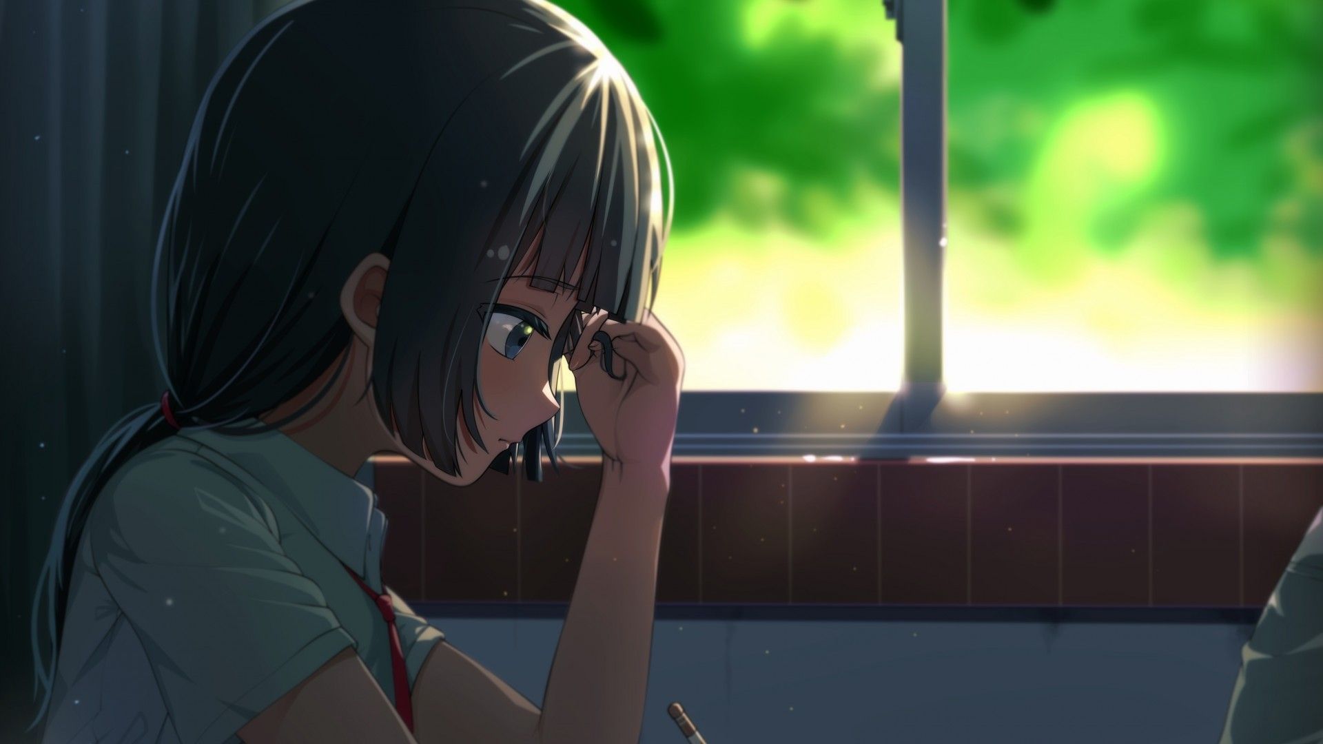 Download 1920x1080 Anime Girl, Studying, Classroom, Profile View, Ponytail, Windows Wallpaper for Widescreen