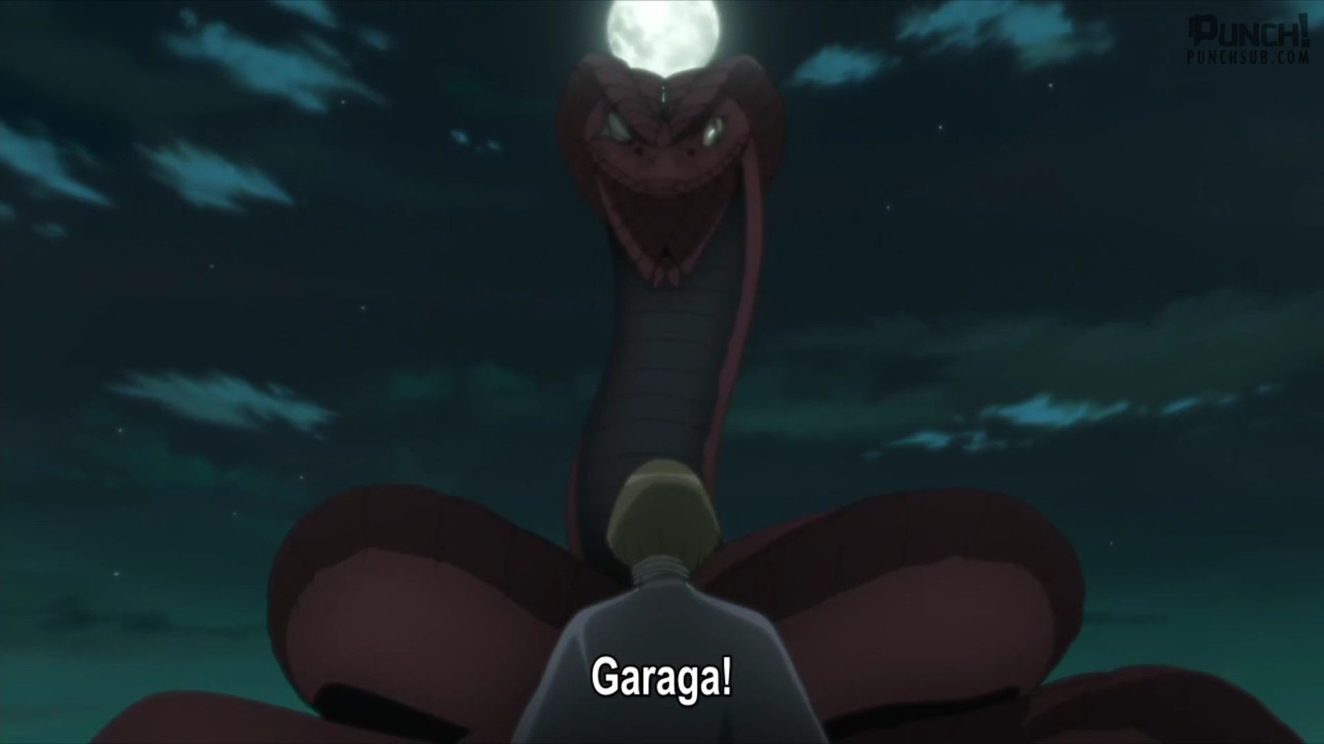 Boruto on top of head of Garaga during full moon facing Sekiei probably the coolest scene in anime!