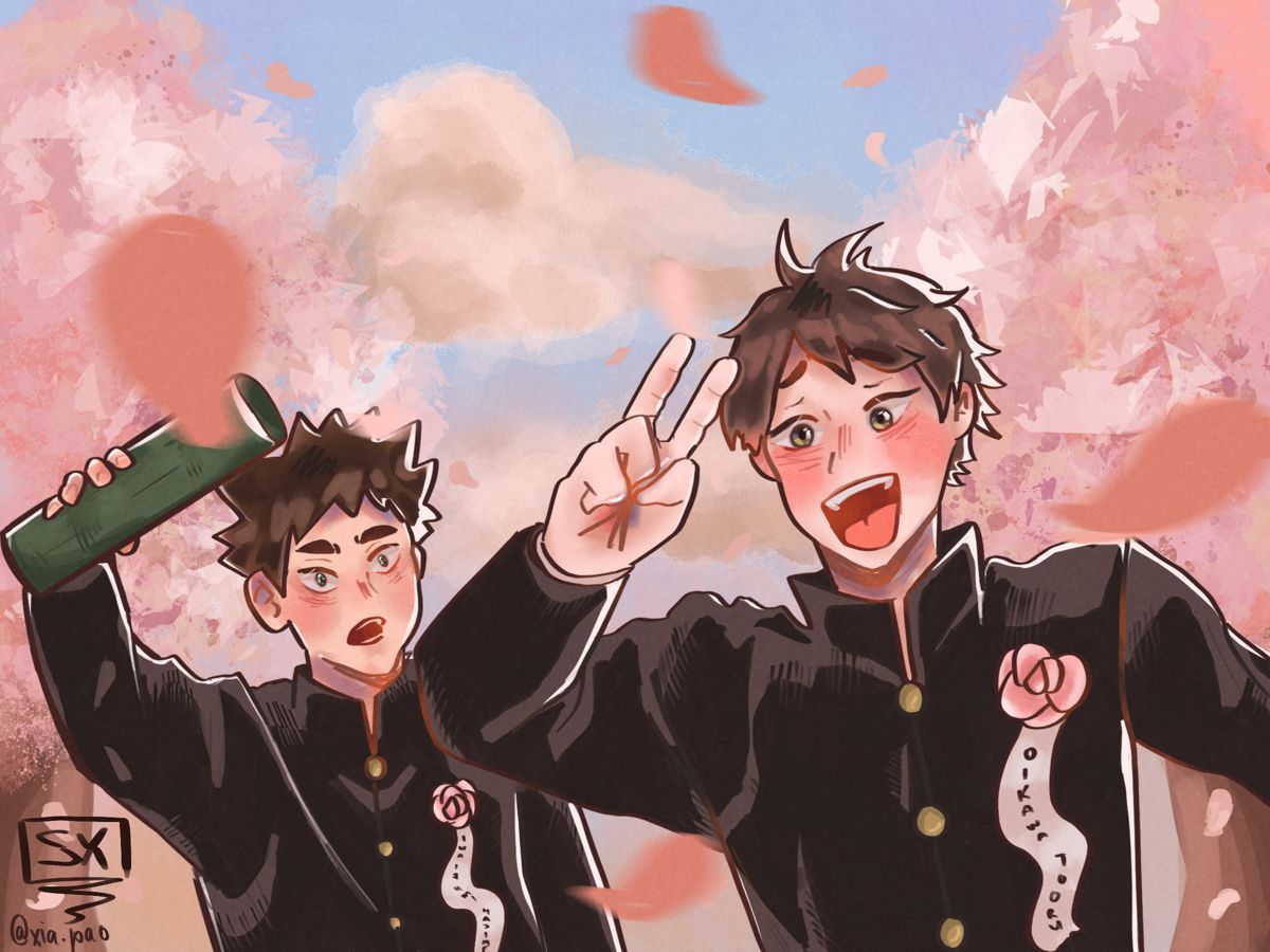 iwaoi #iwaizumi #oikawa #haikyuun #anime #manga #fanart #sakura #cherryblossoms #animefanart #haikyuufanart #iwaoifanart #graduation # wallpaper di 2020