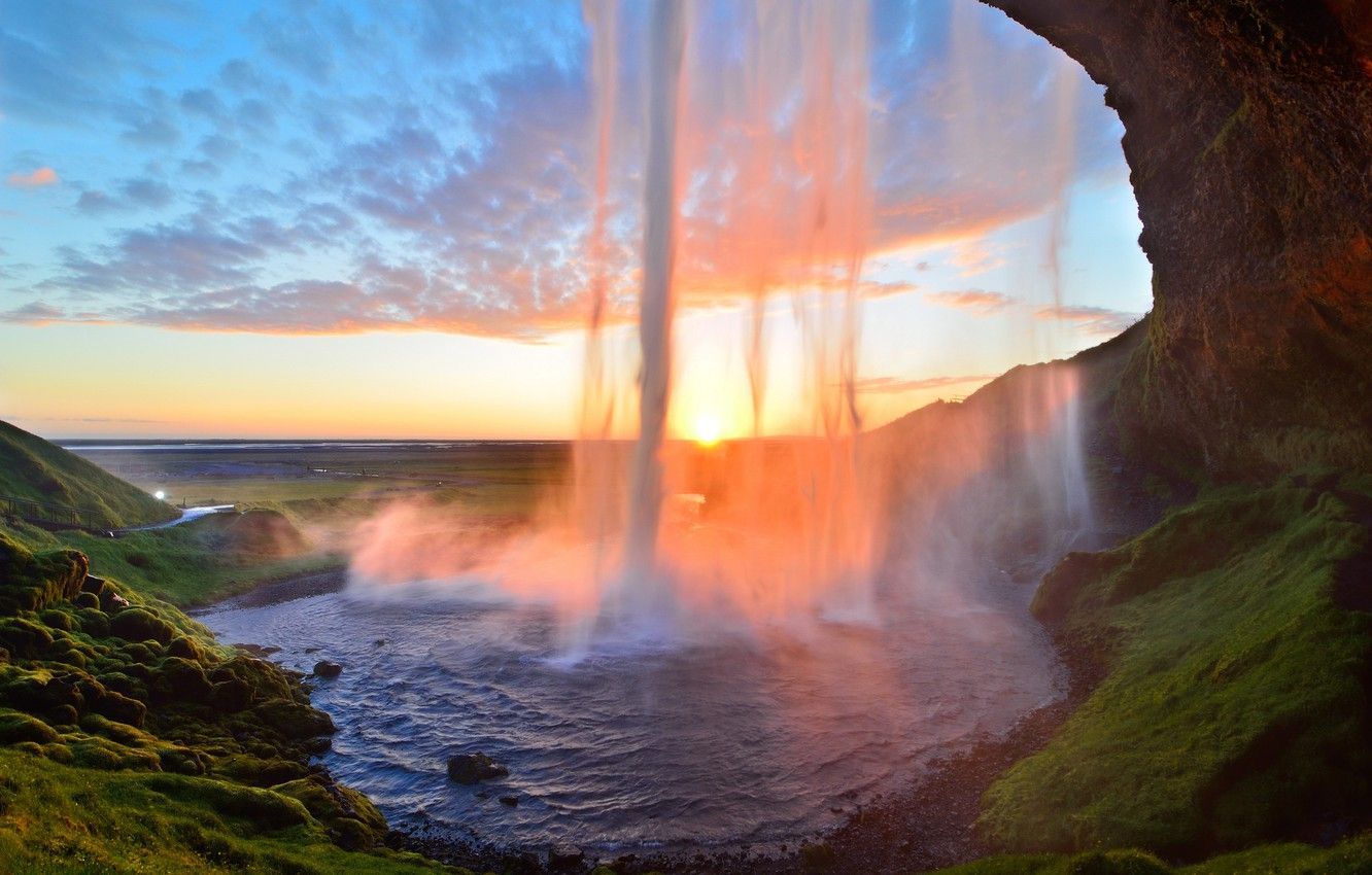 Wallpaper sunset, waterfall, stream, Iceland, Iceland, Seljalandsfoss, Seljalandsfoss image for desktop, section природа