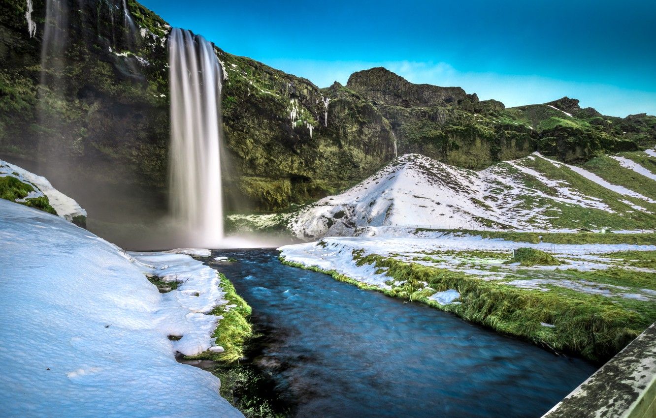 Wallpaper grass, snow, bridge, rocks, waterfall, Iceland, Seljalandsfoss Waterfall image for desktop, section природа