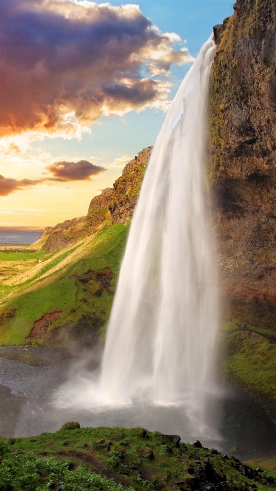 Iceland, Seljalandsfoss, waterfall, river, field, sunset 1080x1920 iPhone 8...