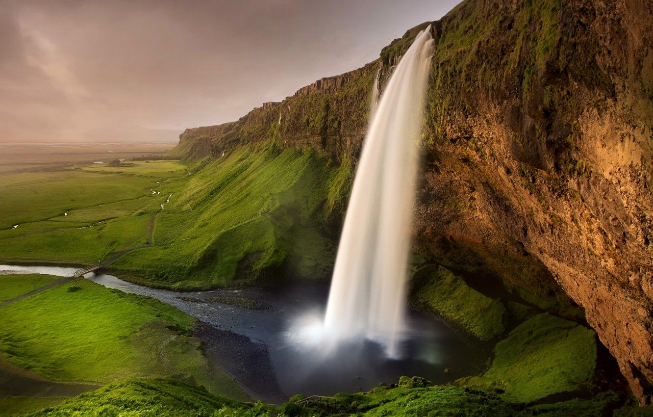 Wallpaper greens, rocks, waterfall, trail, river, the bridge, Iceland, Seljalandsfoss waterfall image for desktop, section пейзажи