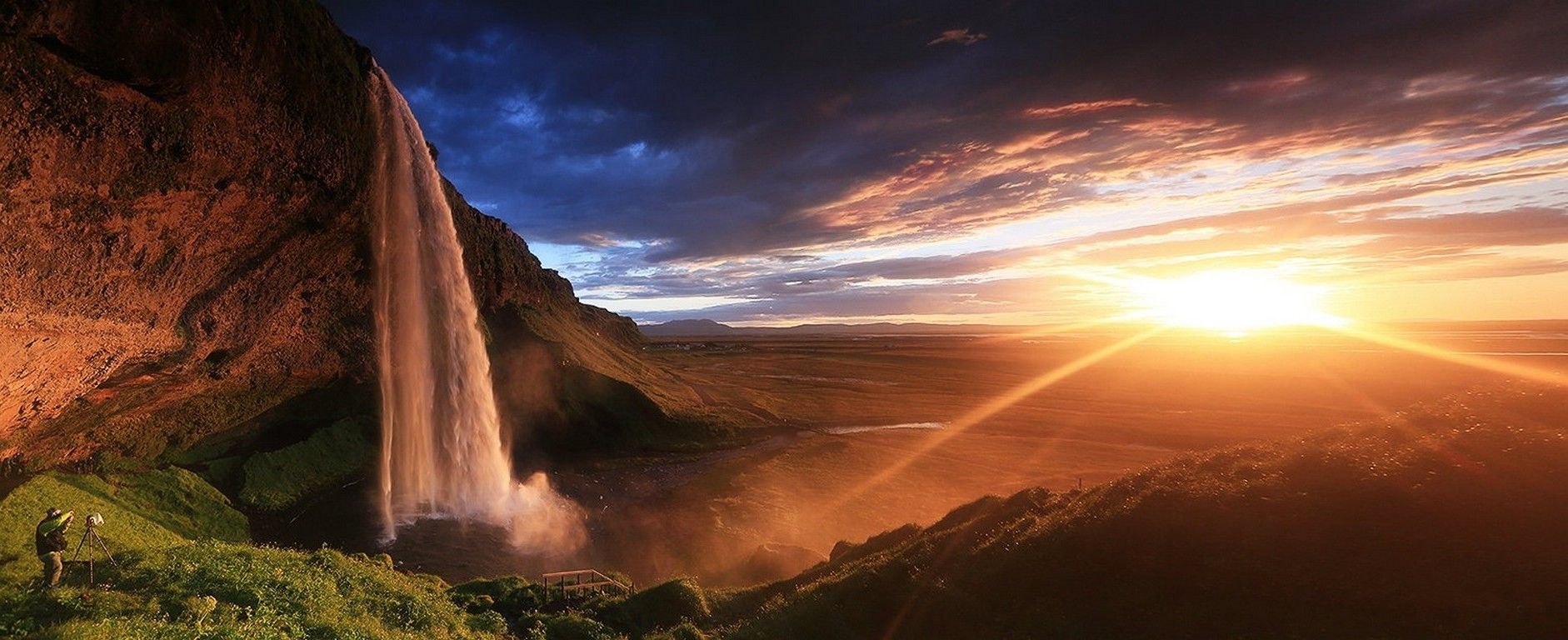 panoramas, Seljalandsfoss Waterfall, Sunset, Waterfall, Iceland, Cliff, Grass, Clouds, Nature, Landscape Wallpaper HD / Desktop and Mobile Background
