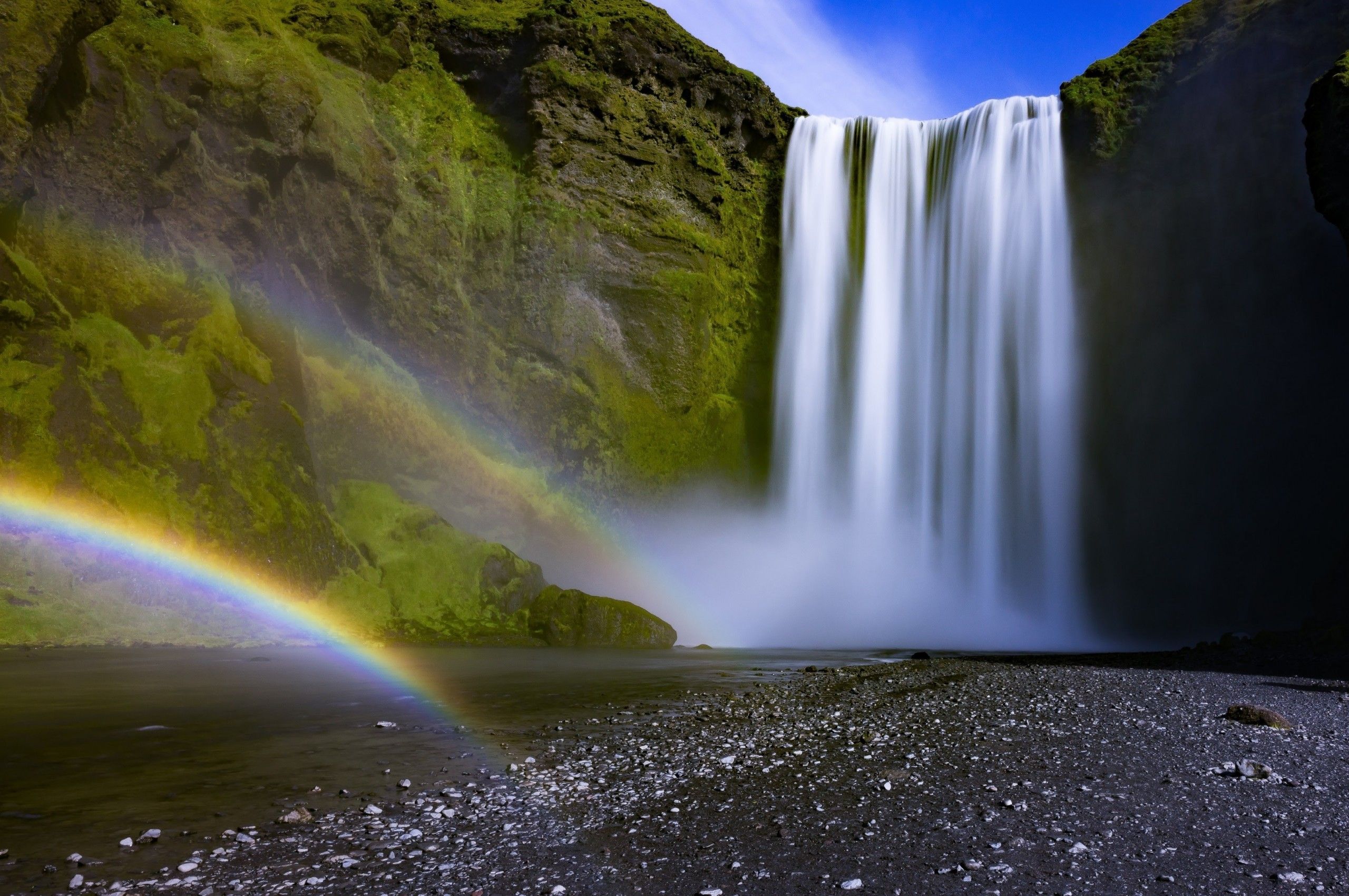 Download 2560x1700 Iceland, Seljalandsfoss, Waterfall, Rainbow, Rocks, Moss Wallpaper for Chromebook Pixel