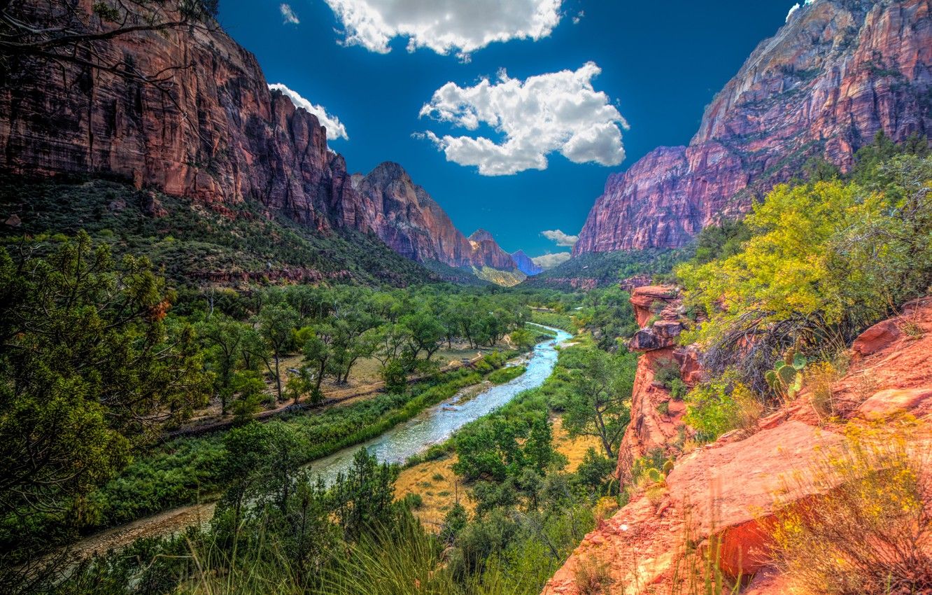 Wallpaper the sky, the sun, clouds, trees, mountains, river, stones, rocks, HDR, canyon, gorge, Utah, USA, Zion National Park, Zion image for desktop, section природа