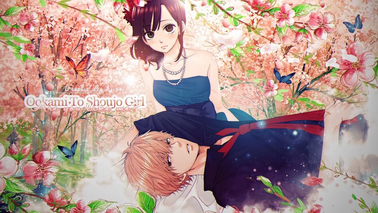 Anime couple flower love Ookami Shoujo to Kuro Ouji Series Kyouya Sata Character Erika Shinohara wallpaperx1080