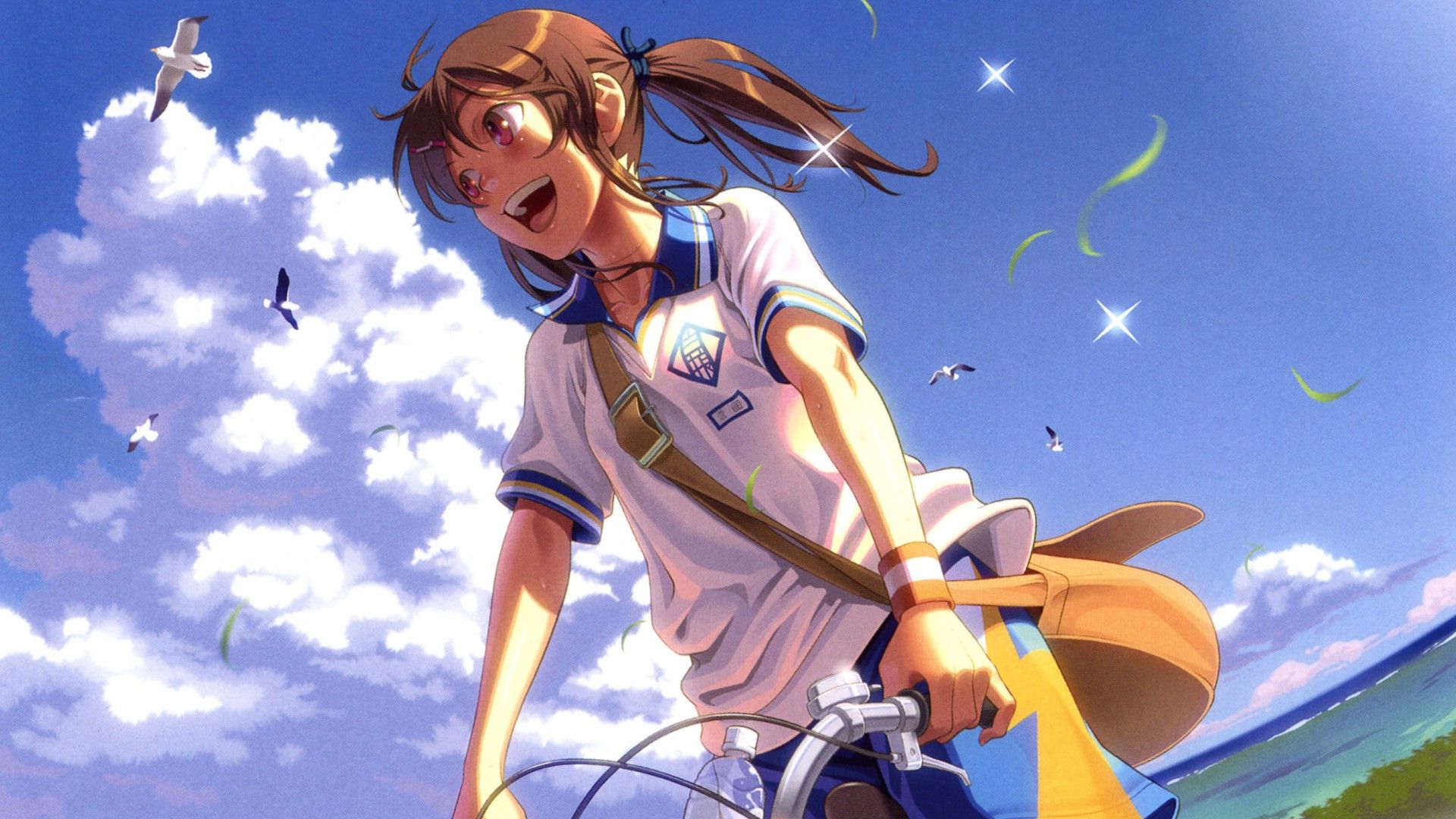 Clouds birds bicycles anime girls skies sea wallpaperx1080