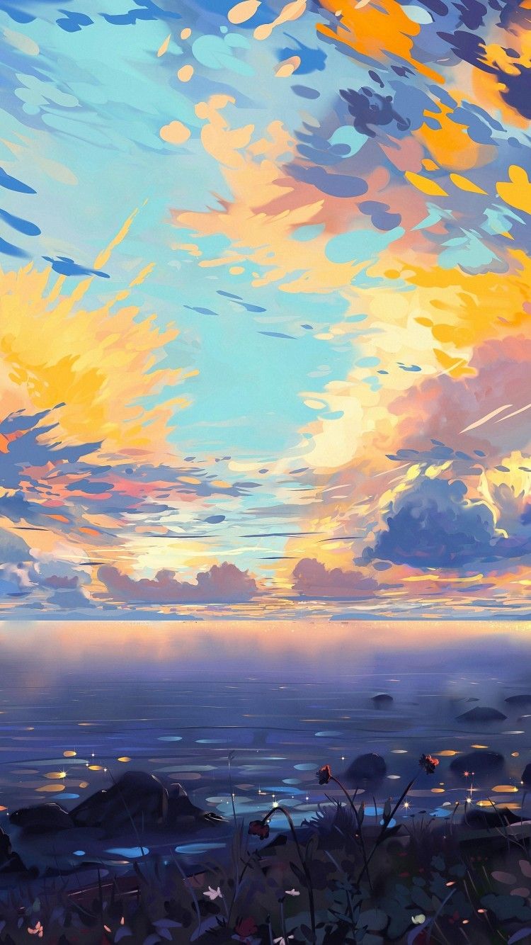 Download 750x1334 Anime Landscape, Sea, Ships, Colorful, Clouds, Scenic, Tree, Horizon Wallpaper for iPhone iPhone 6