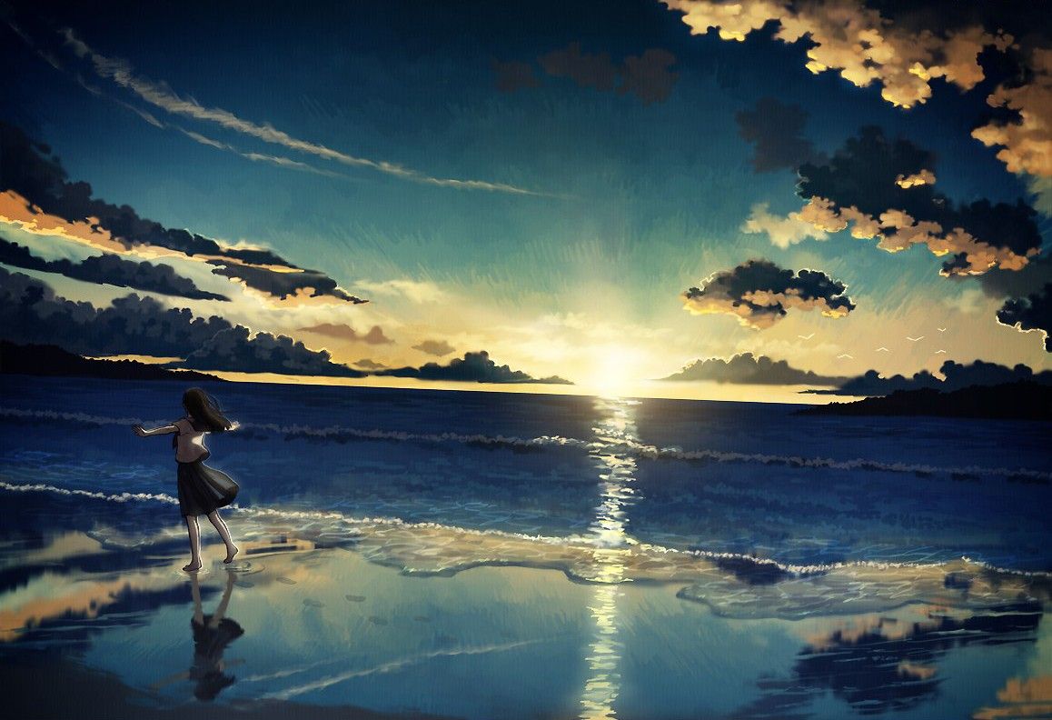 #landscape, #sunset, #beach, #anime girls, #manga, #anime, #sea, wallpaper. Mocah.org HD Desktop Wallpaper