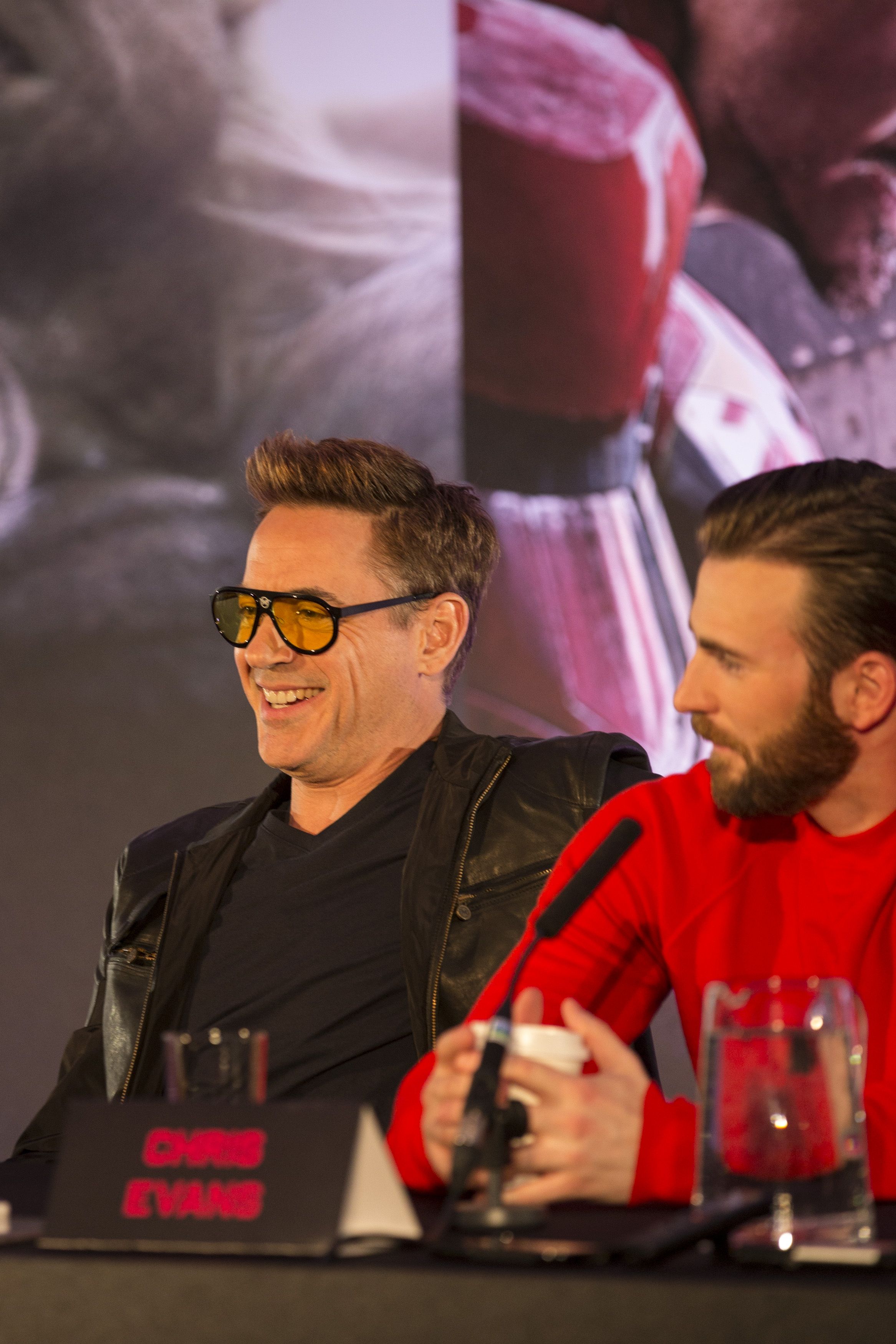Robert Downey Jr and Chris Evans at the Avengers: Age of Ultron UK Press Conference Avengers: Age of Ultron Photo