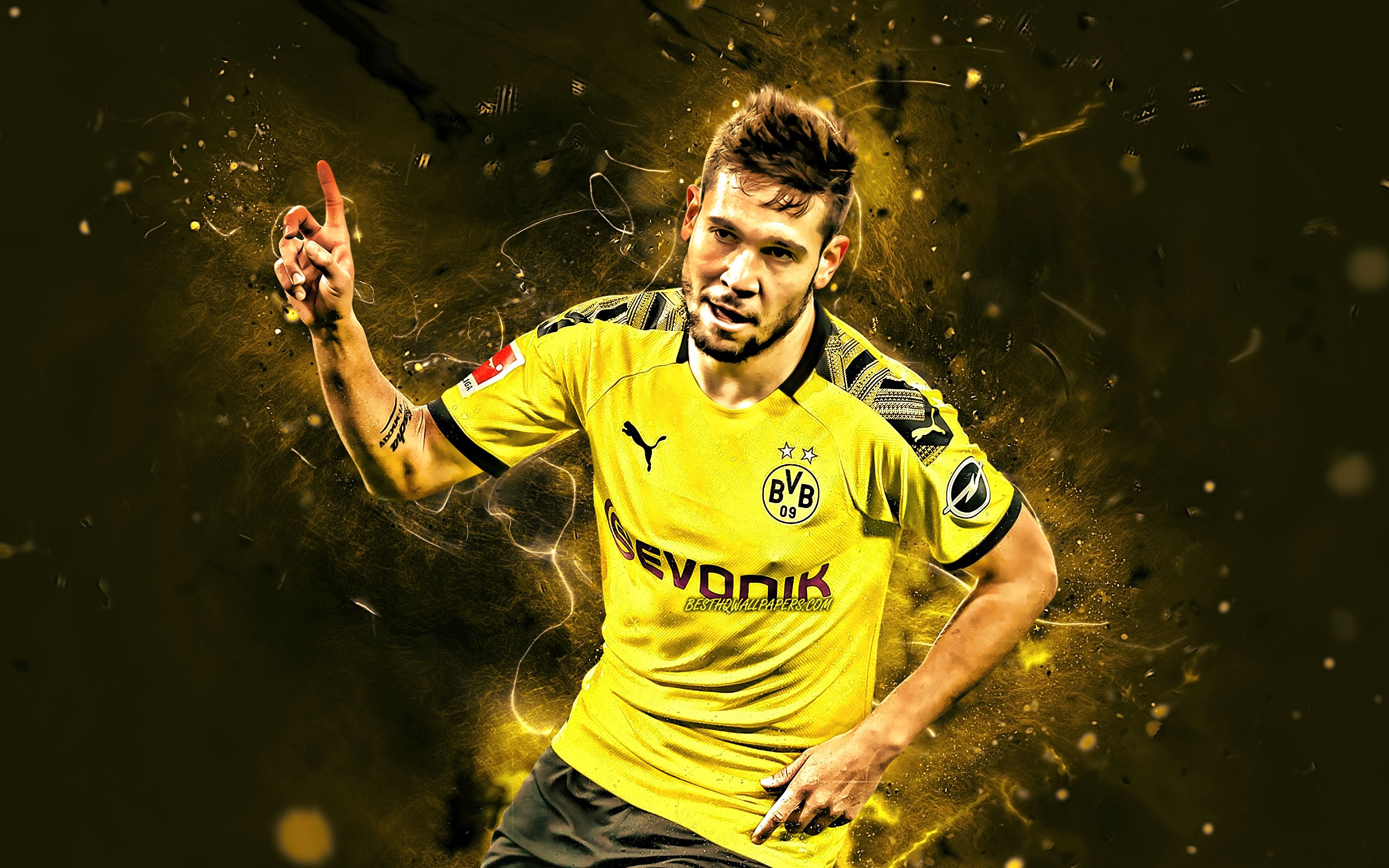 Download wallpaper Raphael Guerreiro, Borussia Dortmund FC, goal, BVB, soccer, Raphael Adelino Jose Guerreiro, portuguese footballers, Bundesliga, football, neon lights, Germany for desktop with resolution 2880x1800. High Quality HD picture