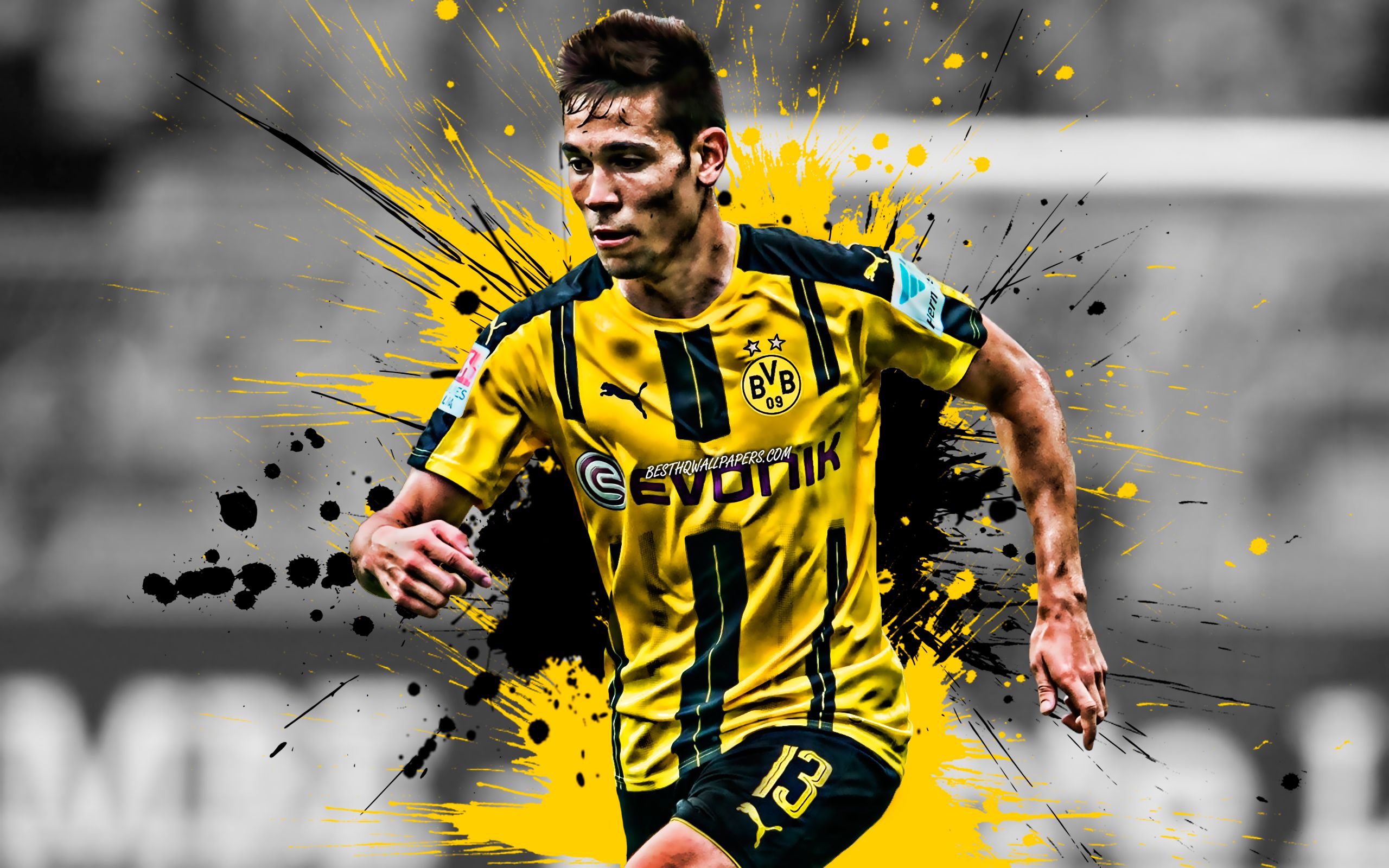 Download Wallpaper Raphael Guerreiro, Portuguese Football Player, Borussia Dortmund, Defender, Yellow Black Paint Splashes, BVB, Creative Art, Bundesliga, Germany, Football, Grunge For Desktop With Resolution 2560x1600. High Quality HD Picture Wallpaper