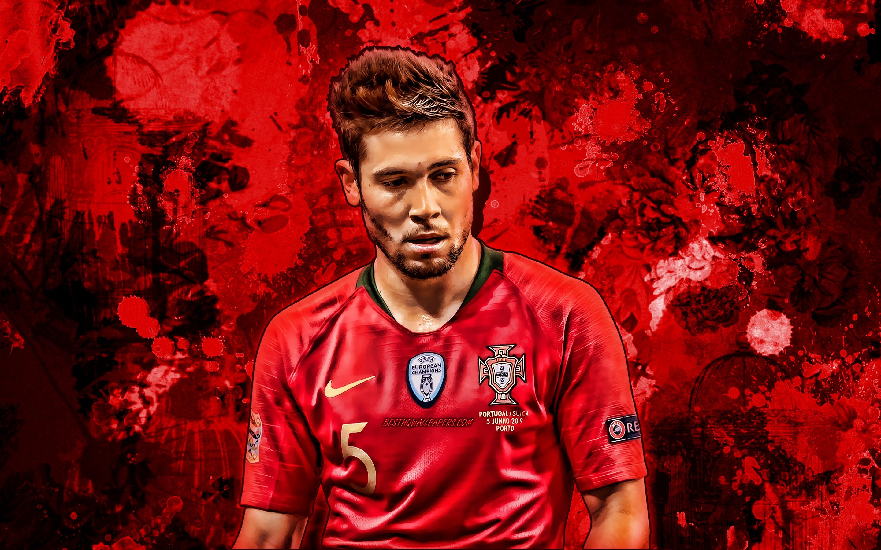Download wallpaper Raphael Guerreiro, red paint splashes, Portugal national football team, grunge art, Raphael Adelino Jose Guerreiro, soccer, Portuguese National Team, creative for desktop with resolution 2880x1800. High Quality HD picture wallpaper