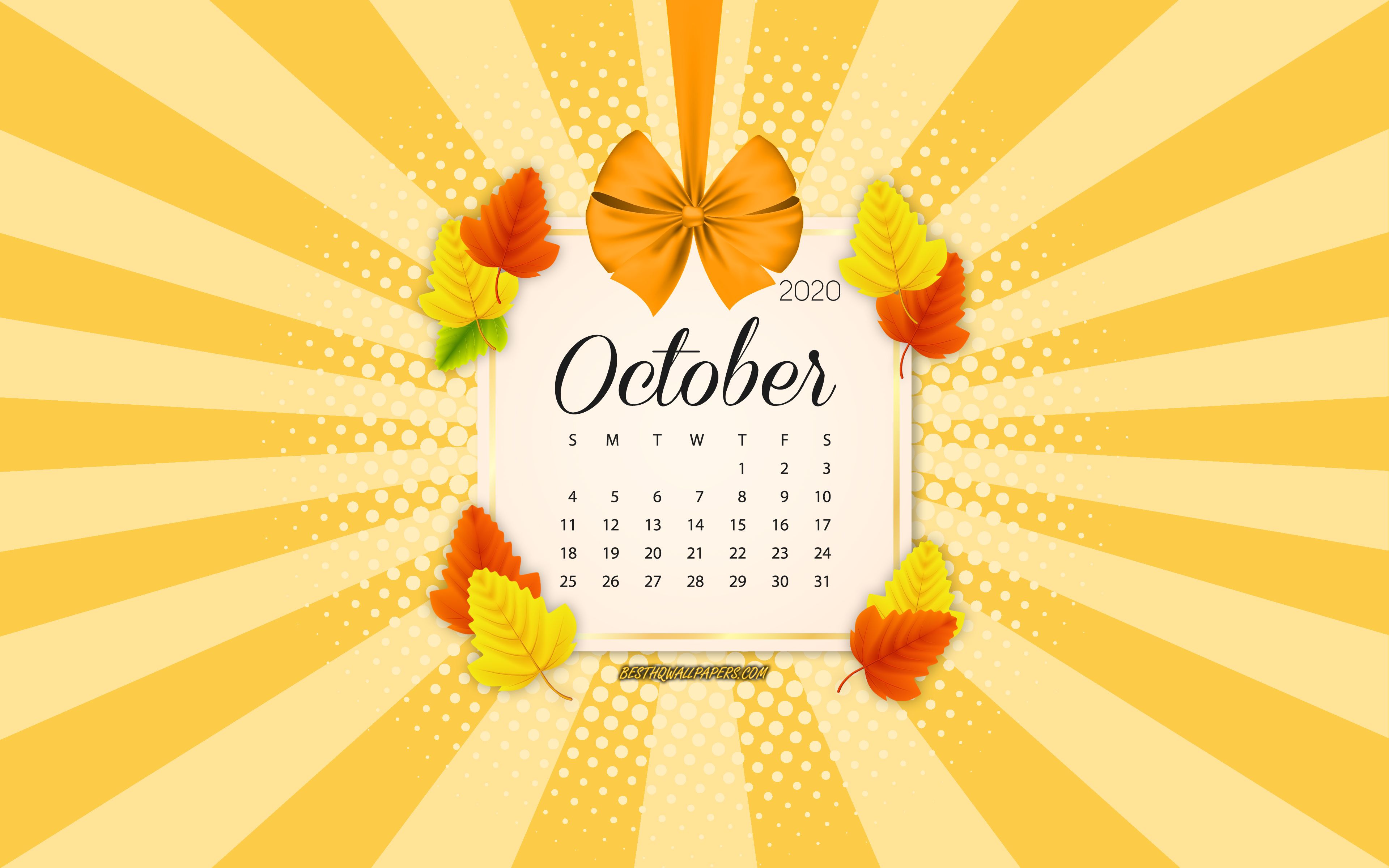 Download wallpaper 2020 October Calendar, orange background, autumn 2020 calendars, October, 2020 calendars, autumn leaves, retro style, October 2020 Calendar, calendar with leaves for desktop with resolution 3840x2400. High Quality HD picture wallpaper