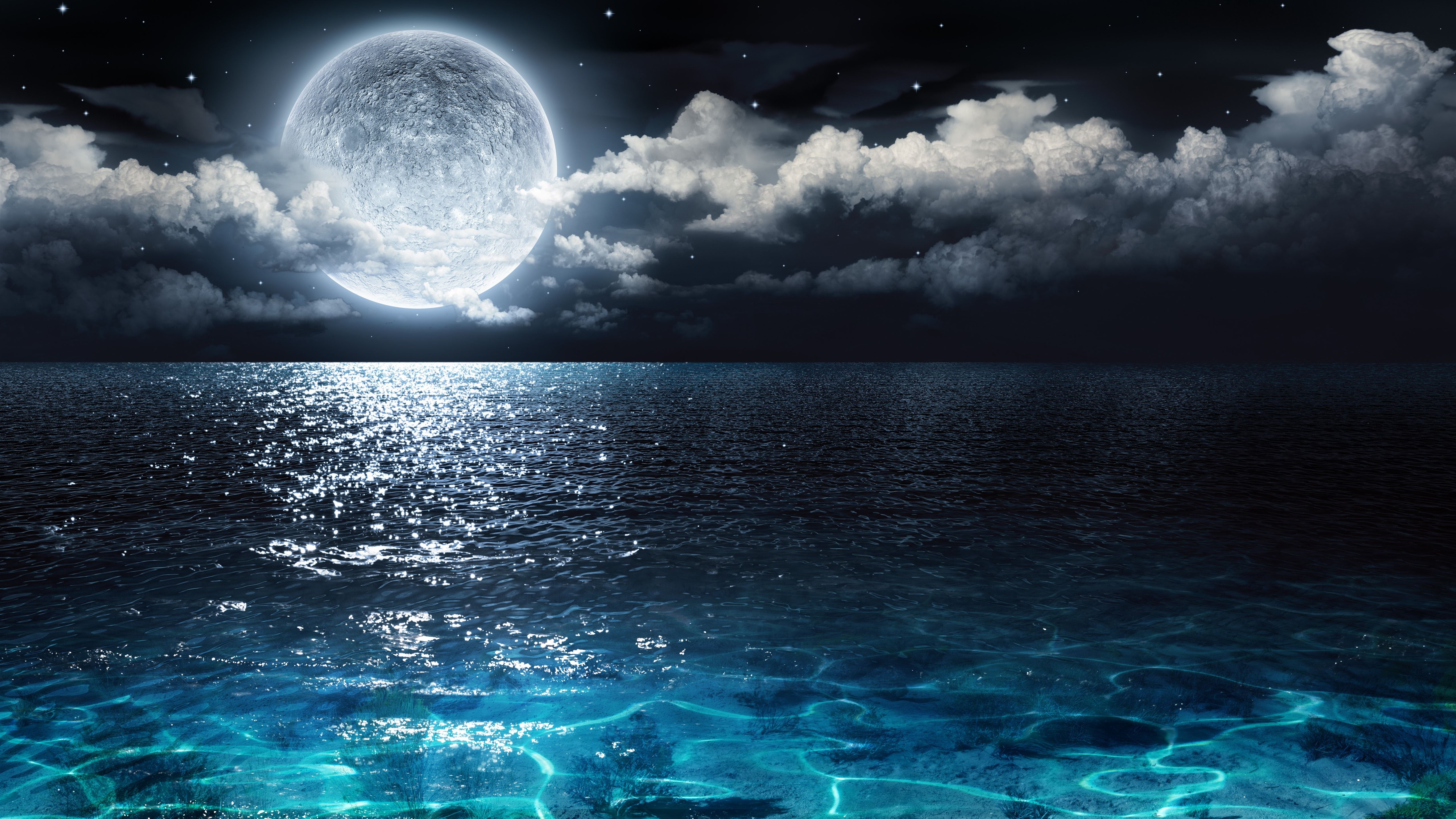 Wallpaper Full moon, blue sea, clouds, night, beautiful nature landscape 5120x2880 UHD 5K Picture, Image
